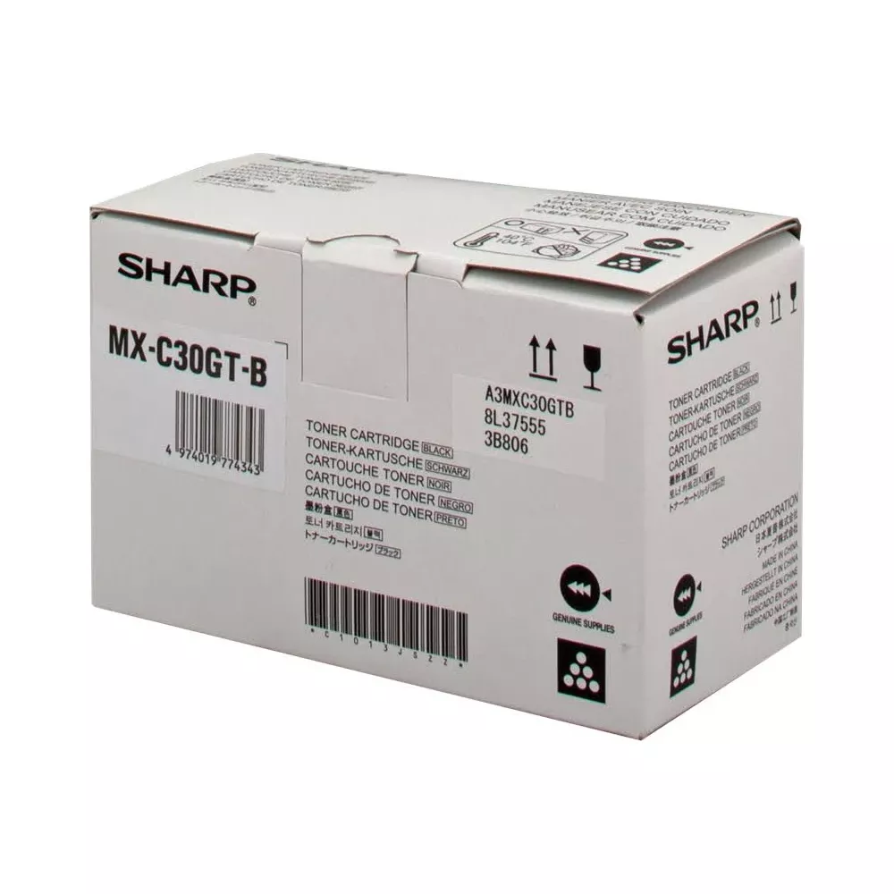 Scatola di una cartuccia toner Sharp MX-C30GT-B nera con codici a barre ed etichette.