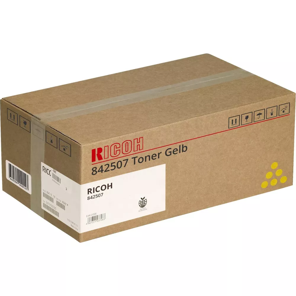 Pudełko kartonowe z tonerem RICOH 842507 Gelb, z kodami kreskowymi i symbolami.