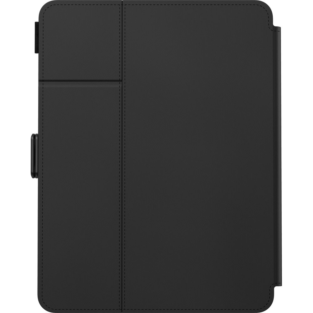 Copertina nera per tablet con dettagli di cucitura e cinturino sul lato sinistro.
