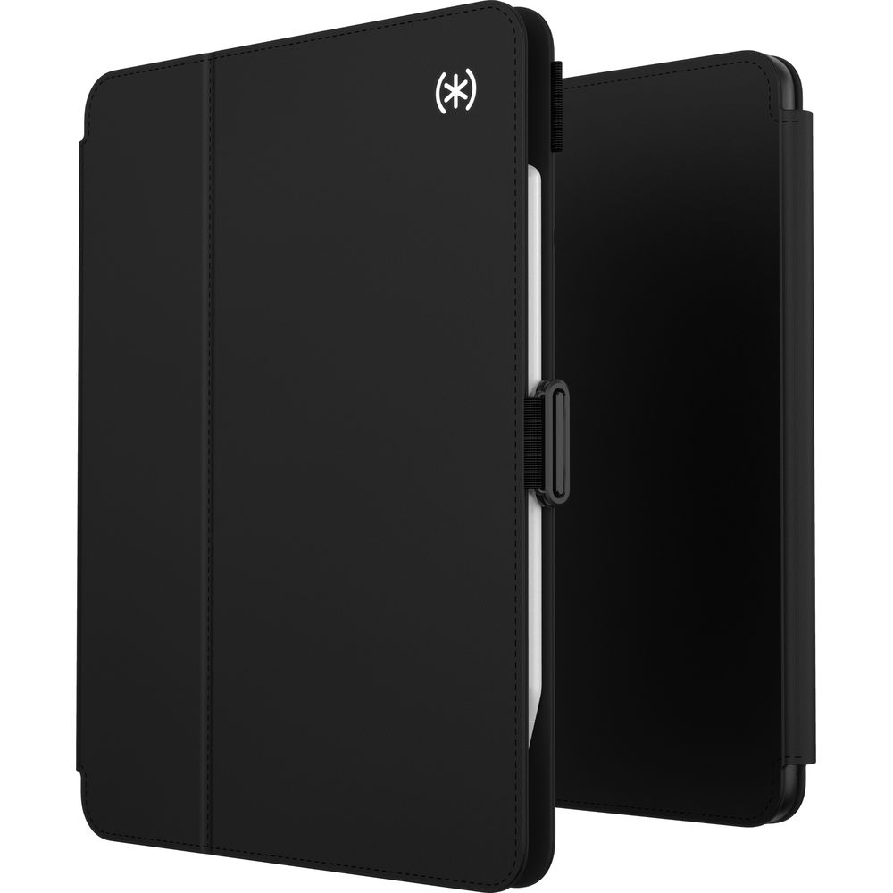 Custodia nera per tablet con logo, aperta, su sfondo bianco.