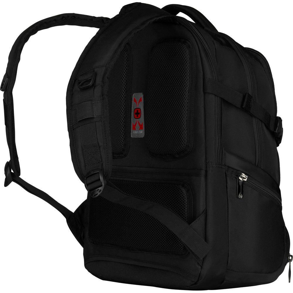 Schwarzer Rucksack mit gepolstertem Rücken und "AIRFLOW"-Logo.