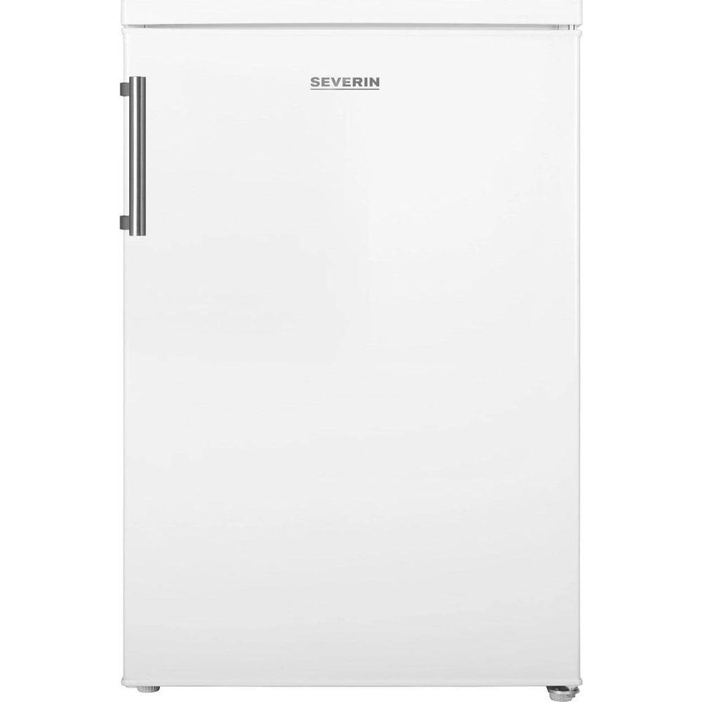 Biała zamrażarka Severin z srebrnym uchwytem po lewej.