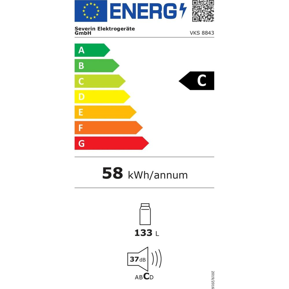 Etykieta energetyczna klasa C, 58 kWh/rok, pojemność 133 L, poziom hałasu 37 dB.