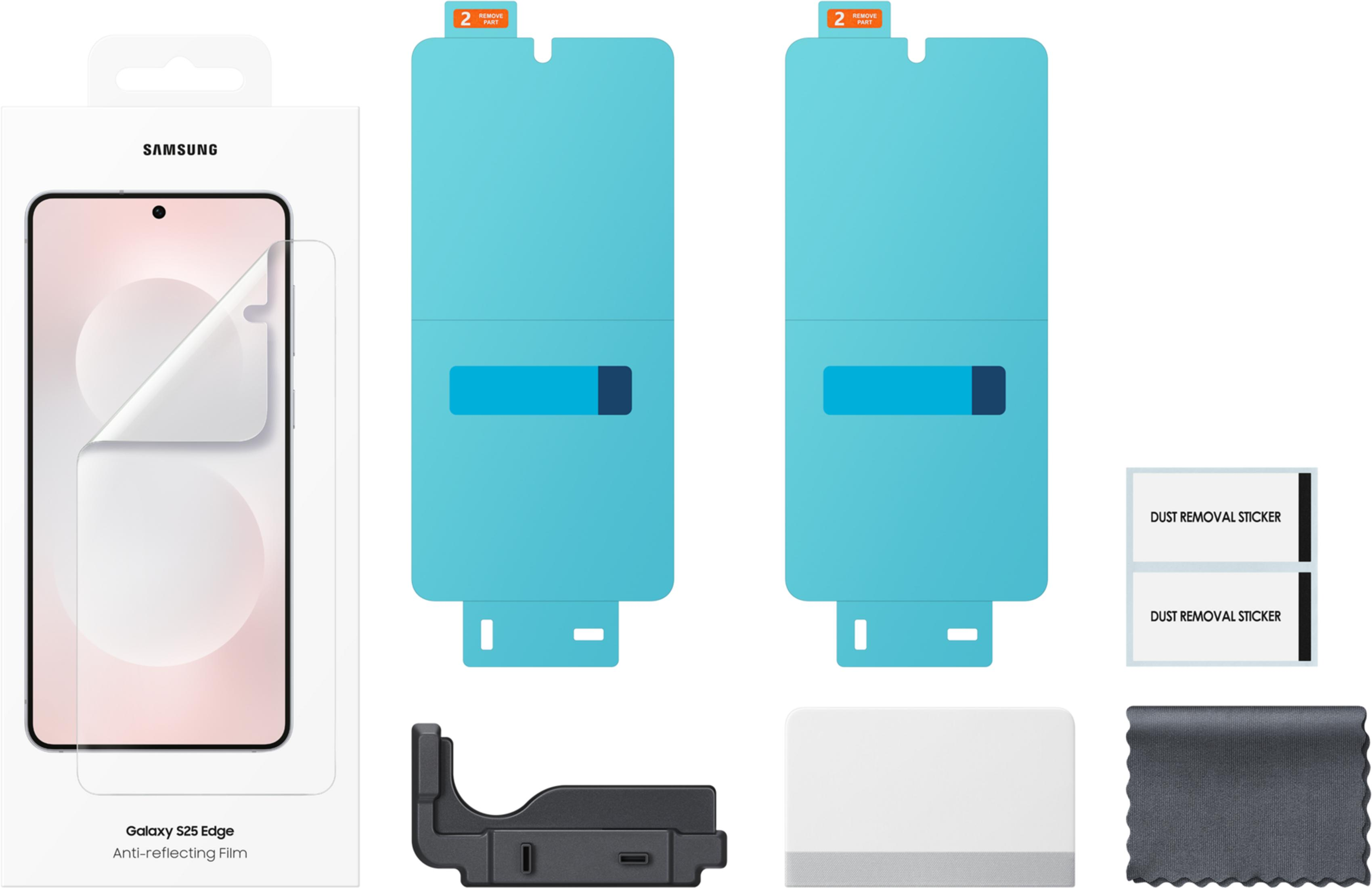 Set di pellicole antiriflesso Samsung Galaxy S25 Edge con strumenti.