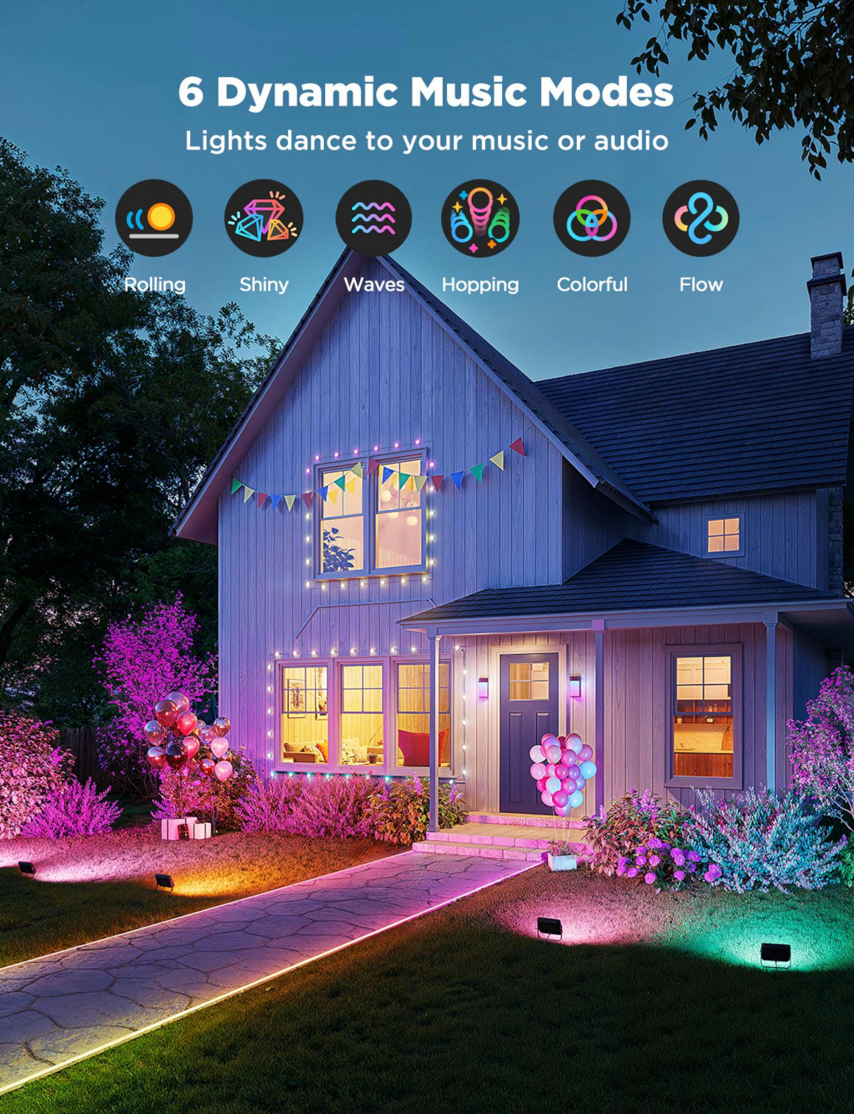 Une maison la nuit avec des lumières colorées, des ballons et des icônes de modes musicaux.