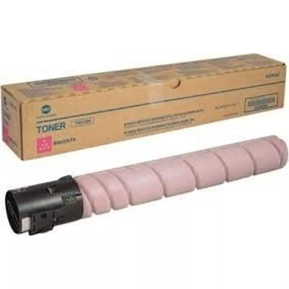 Una cartuccia toner magenta con testina nera accanto a una scatola di cartone marrone.