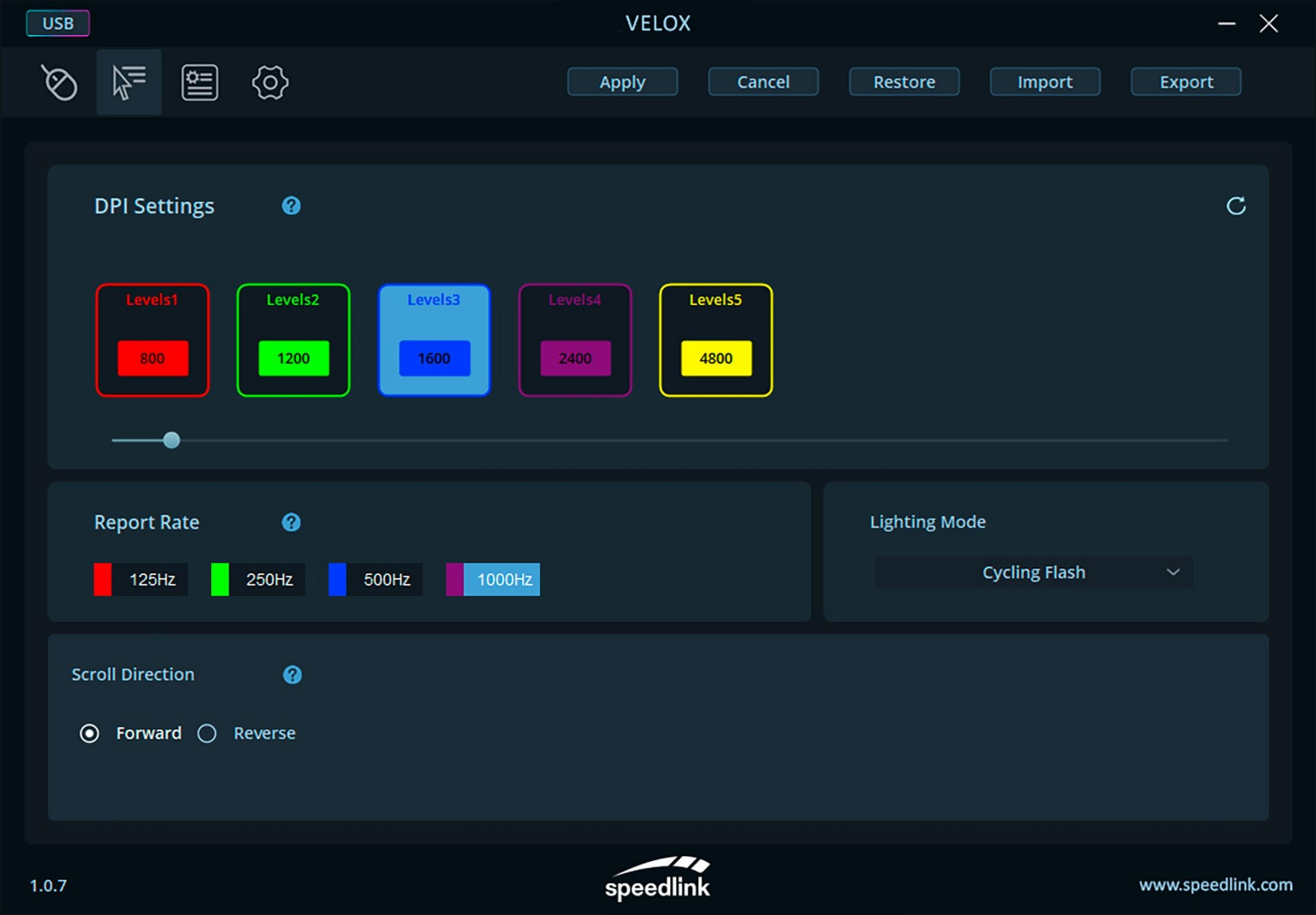 Oprogramowanie VELOX: ustawienia DPI, szybkość raportowania, kierunek przewijania i oświetlenia.