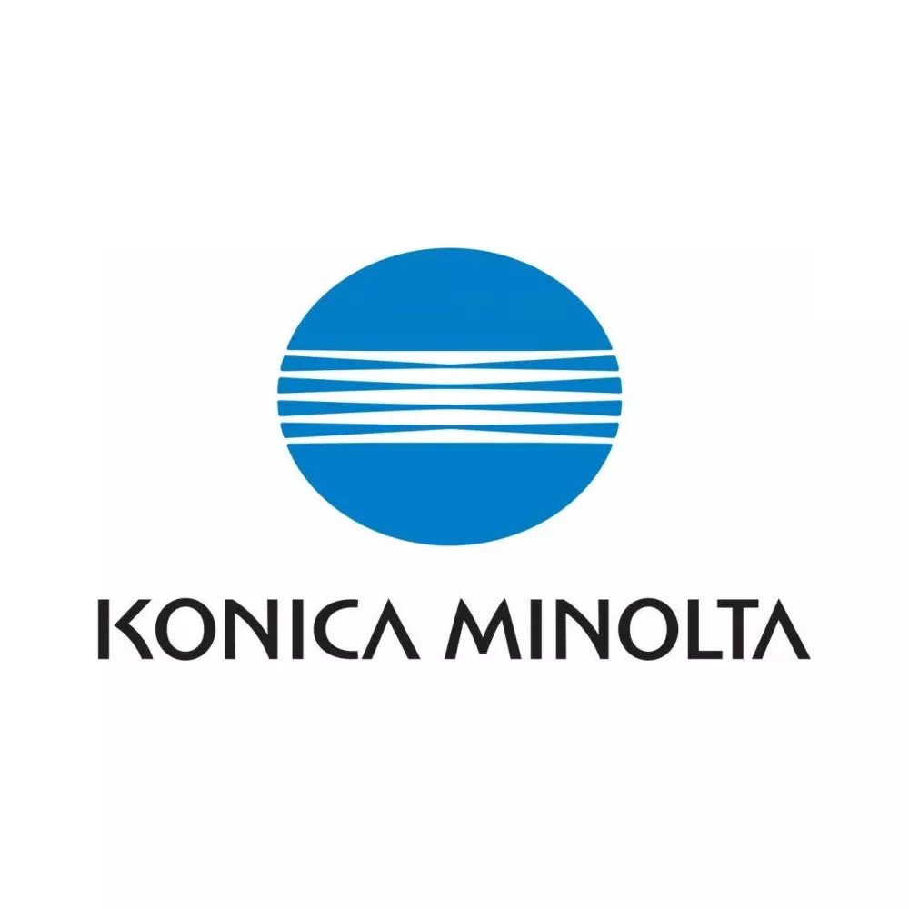 Niebieskie koło z białymi liniami nad czarnym tekstem 'KONICA MINOLTA'.