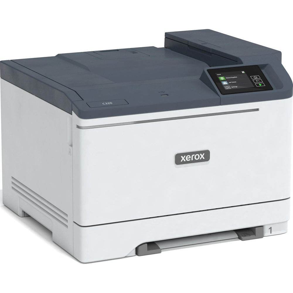 Biała i szara drukarka Xerox C320 z ekranem dotykowym.