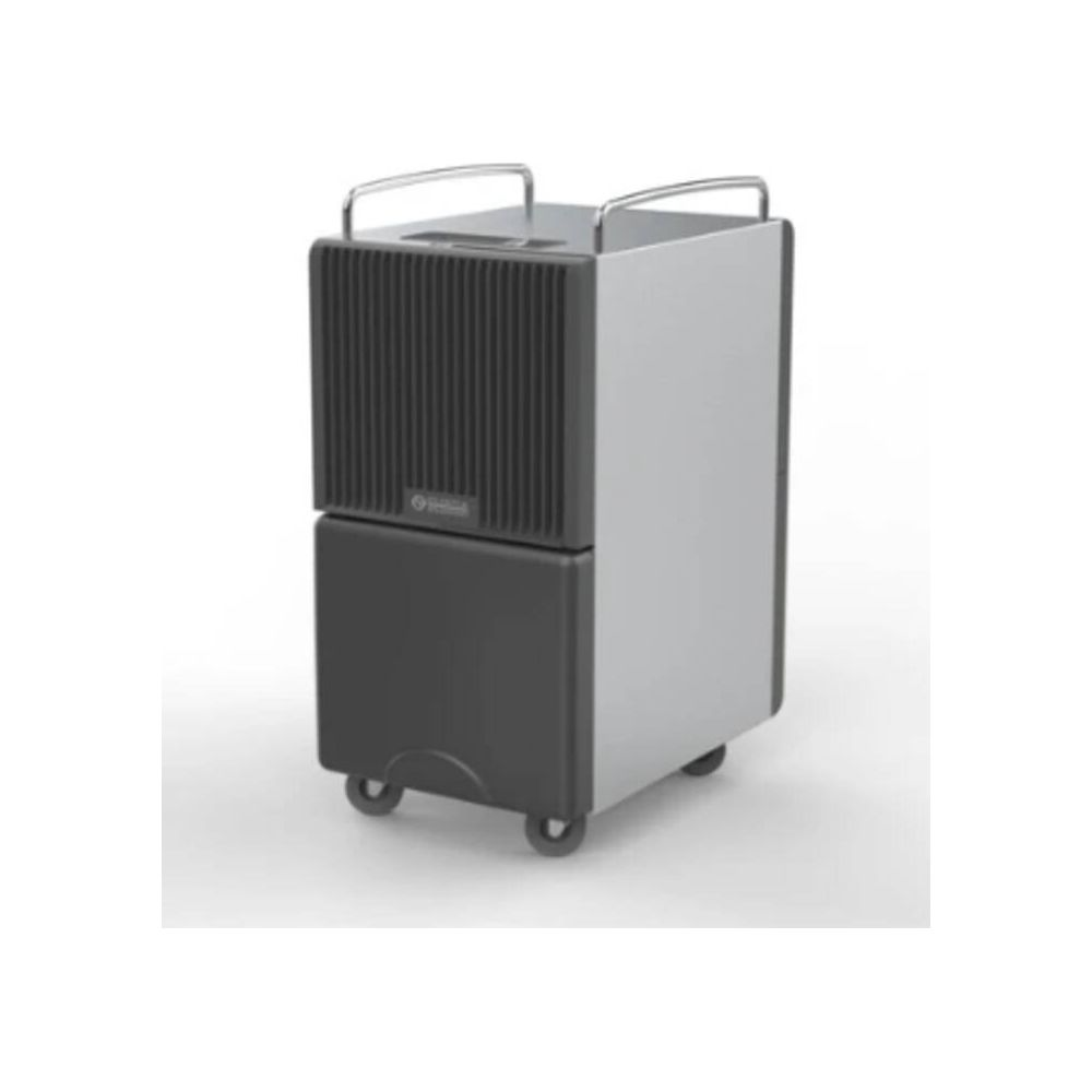 Szary osuszacz powietrza z czarnymi żaluzjami i dwoma uchwytami, na kółkach.