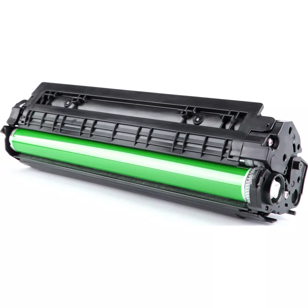 Un tamburo di ricambio per stampante laser nero con rullo verde.
