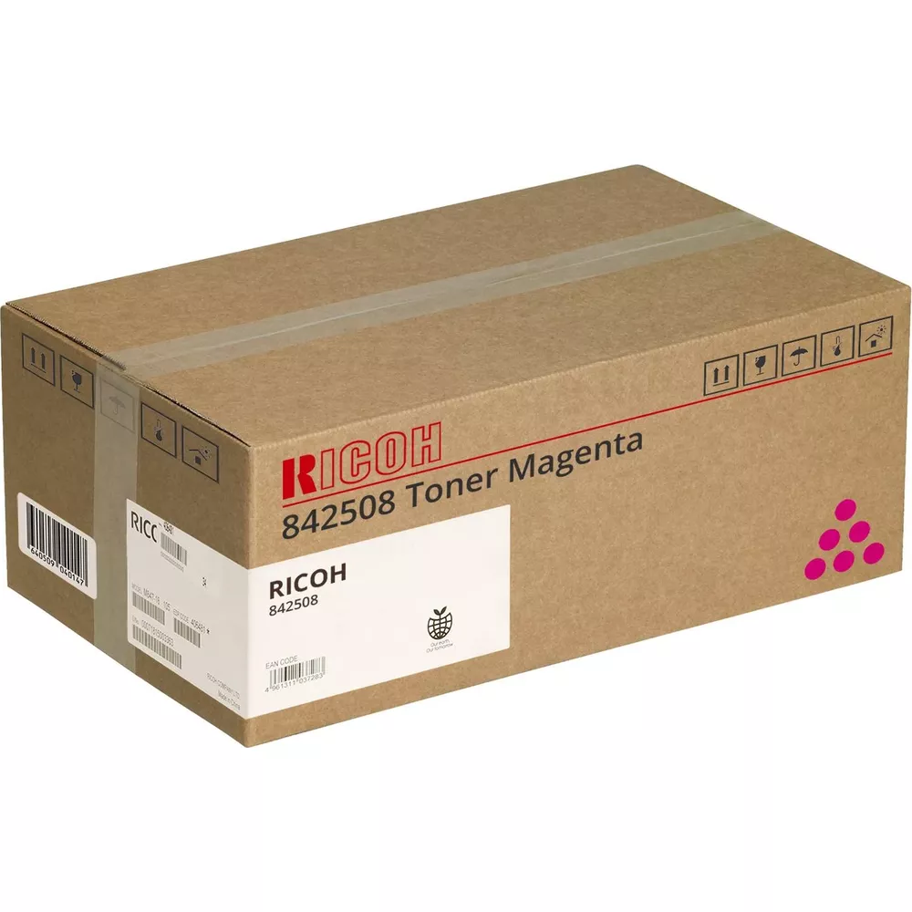 Brązowe pudełko kartonowe na toner Ricoh model 842508 z oznaczeniem magenta.