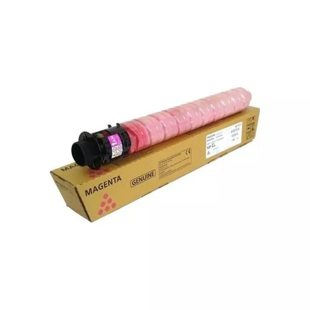 Różowy toner leży na brązowym pudełku z napisem "MAGENTA GENUINE".