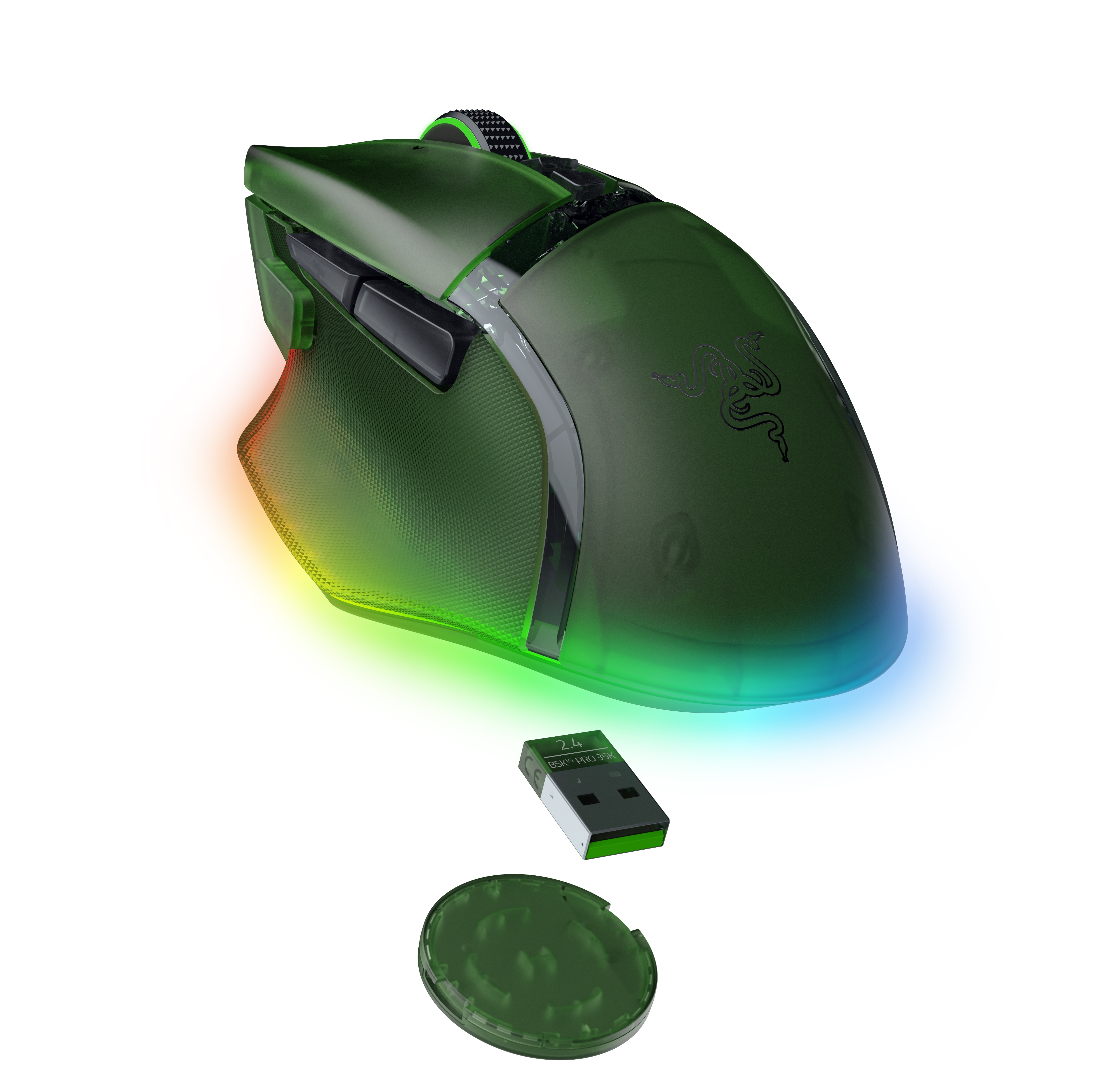 Zielona mysz gamingowa z oświetleniem RGB, donglem i bazą ładującą.