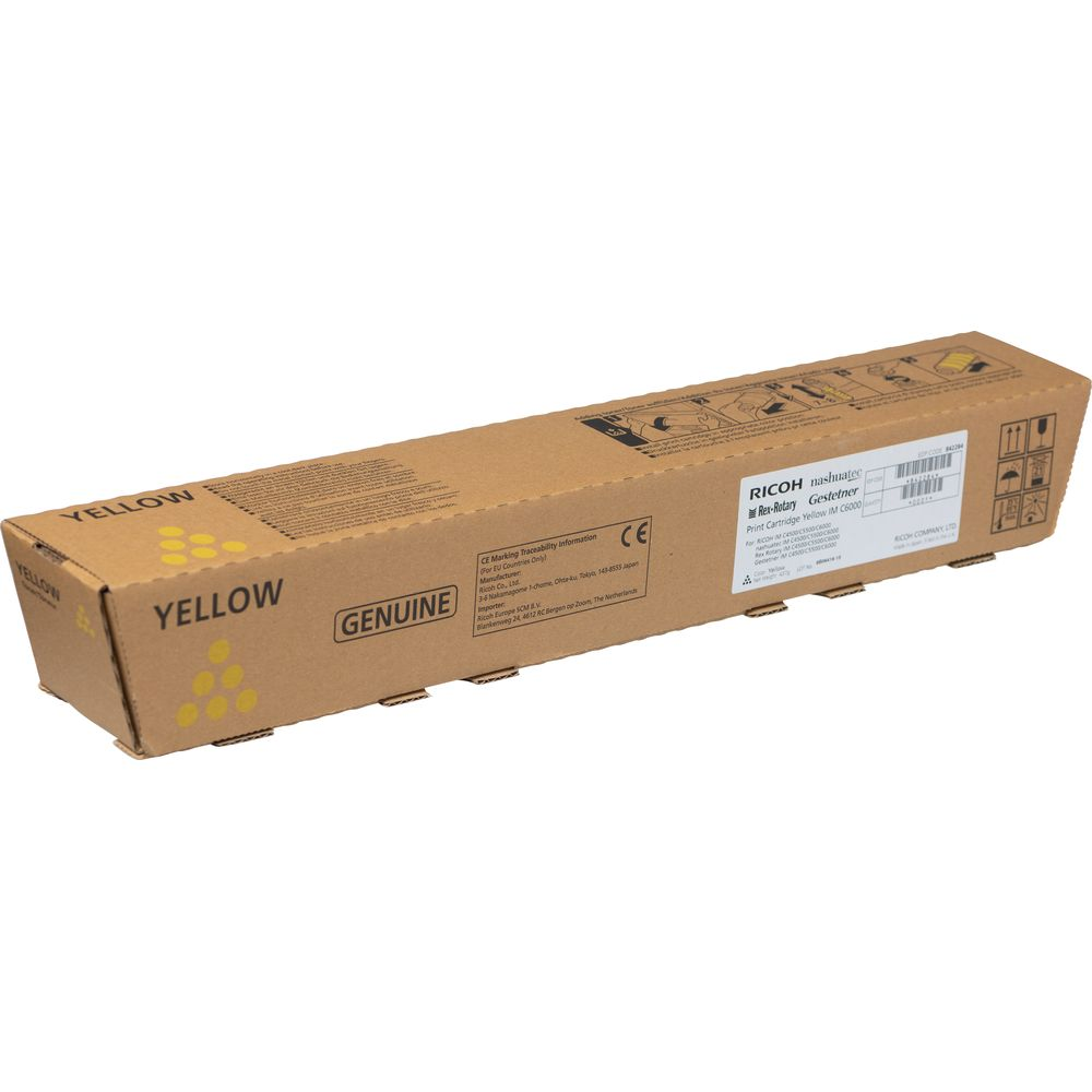 Żółty wkład drukujący Ricoh w kartonowym pudełku z etykietami.