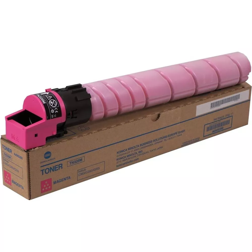 Eine rosa Tonerkartusche liegt auf einem braunen Karton mit schwarzem und rosa Aufdruck.
