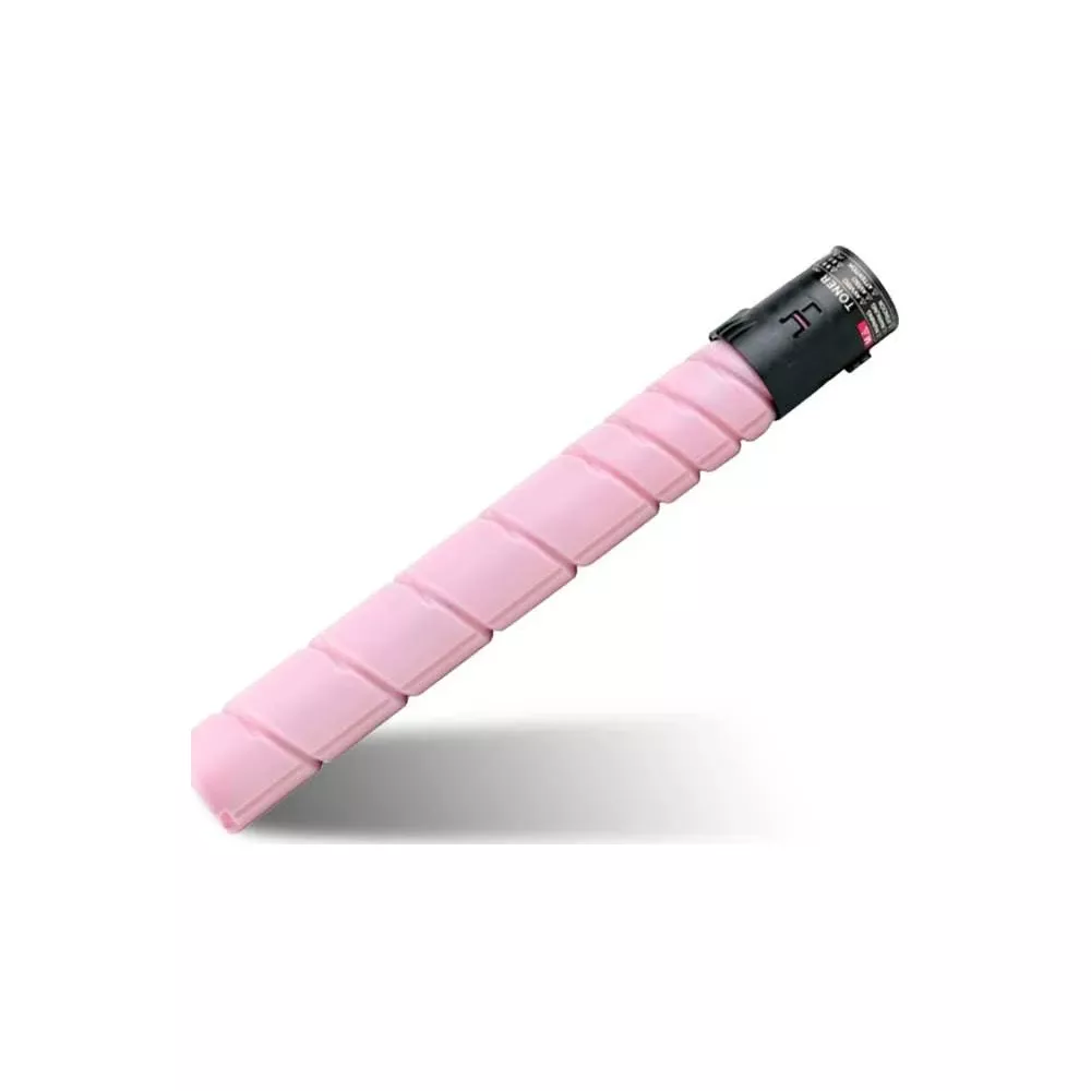 Ein rosa Tonerzylinder mit schwarzer Kappe, schräg liegend auf weißem Hintergrund.