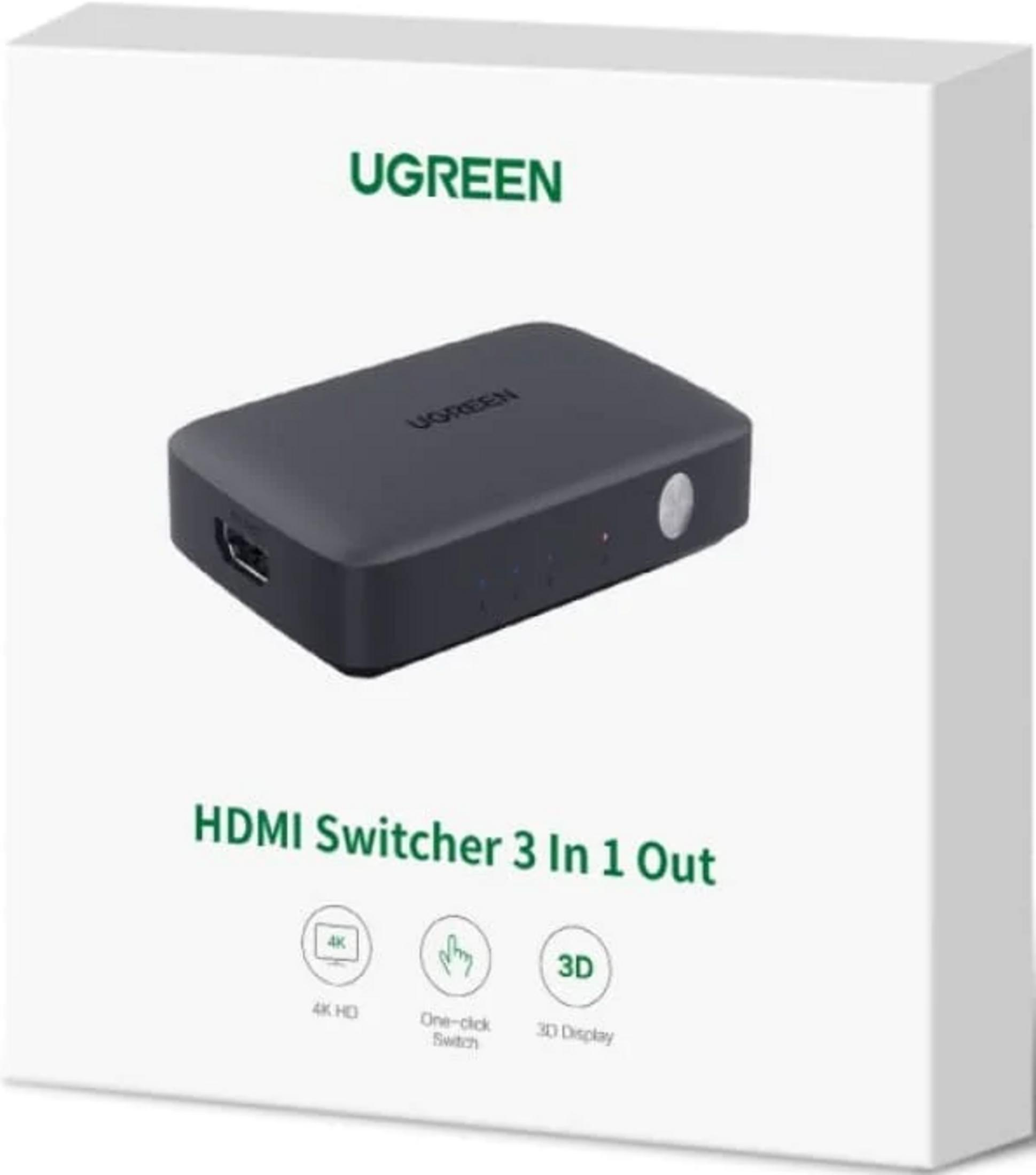 Przełącznik HDMI UGREEN 3 w 1, czarne urządzenie z portami i wskaźnikami.