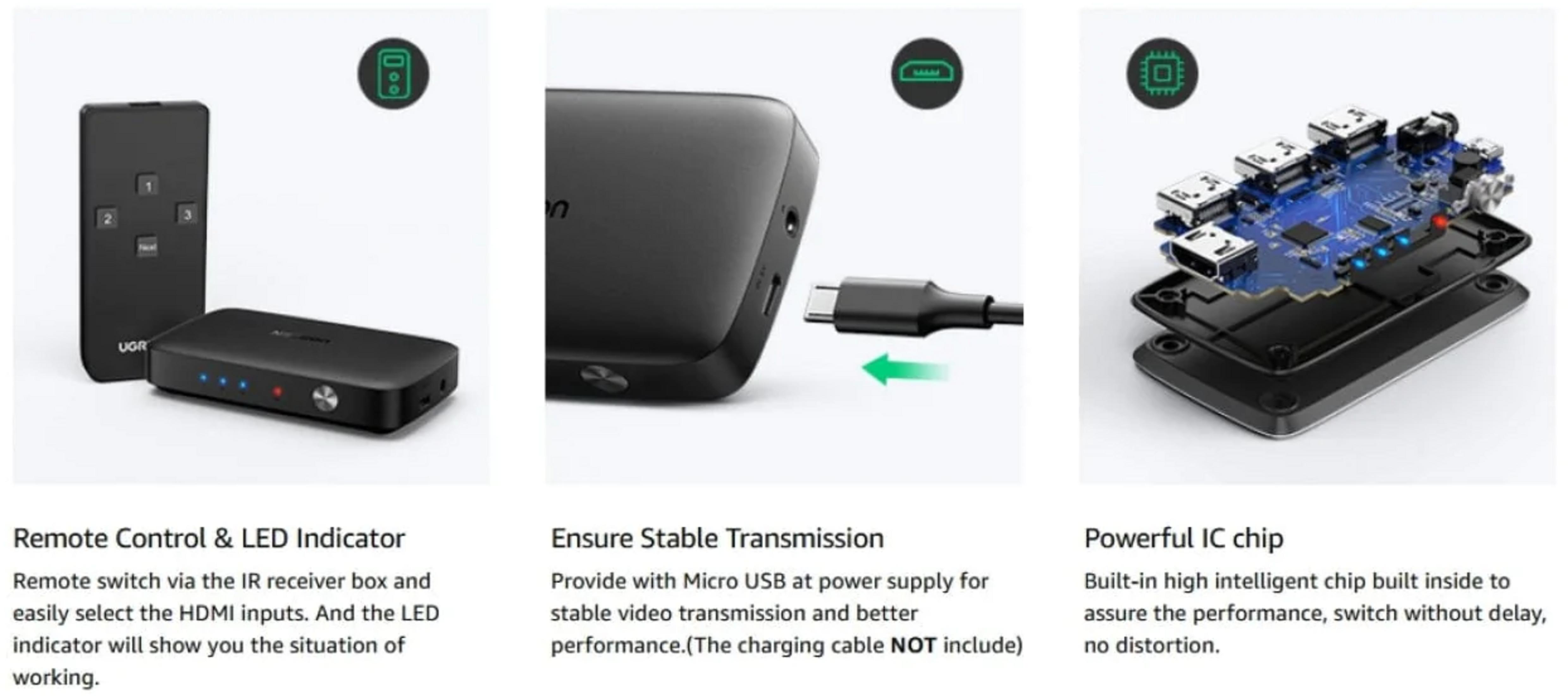 Czarny pilot i odbiornik IR ze wskaźnikami LED, portem Micro USB i wewnętrzną płytką drukowaną.