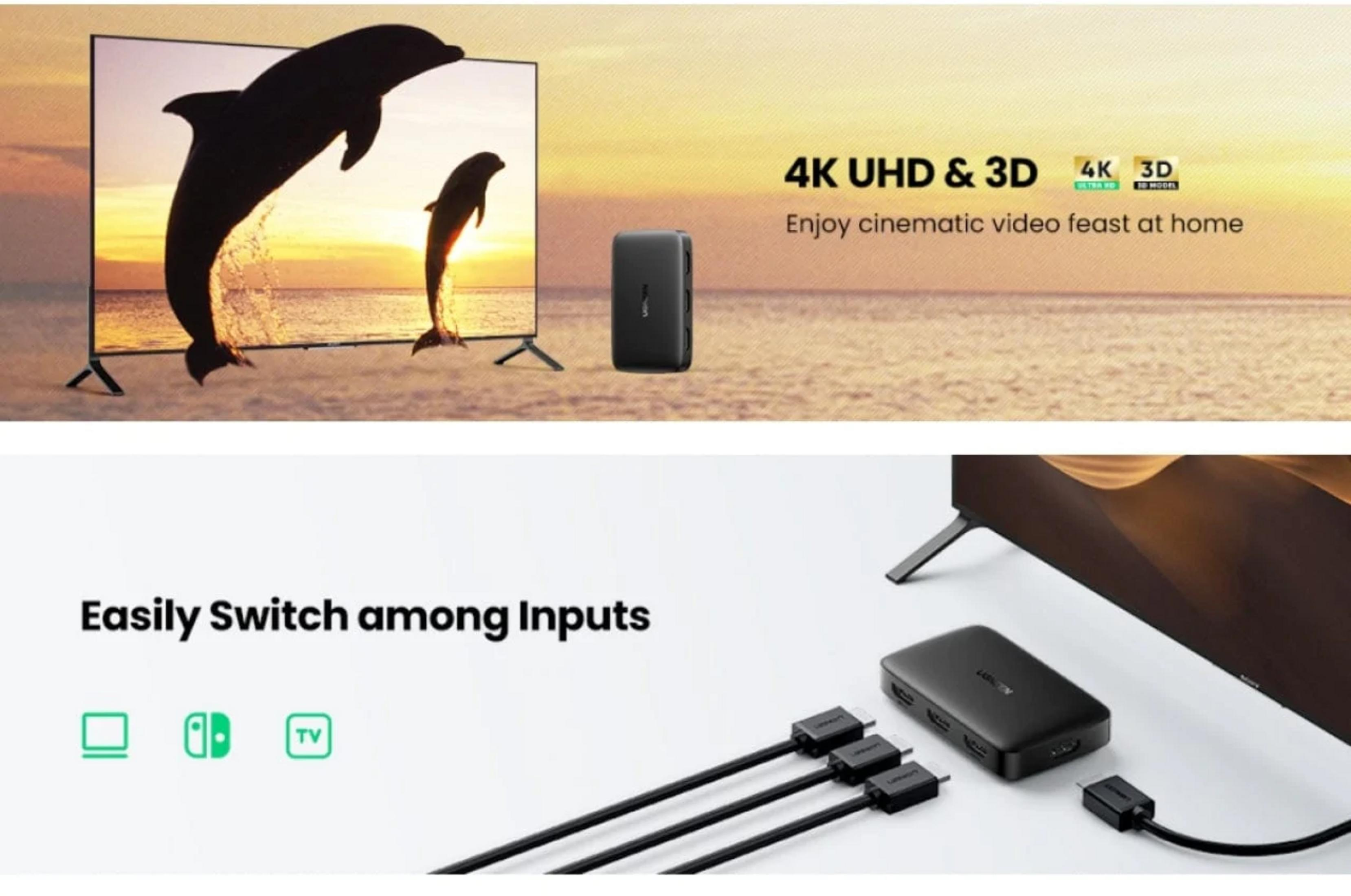 Telewizor wyświetla delfiny o zachodzie słońca; obok czarne pudełko i kable.