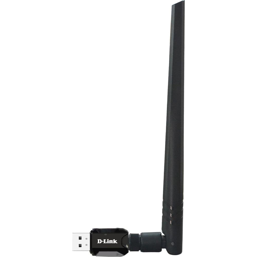 Czarny adapter Wi-Fi D-Link z anteną na białym tle.