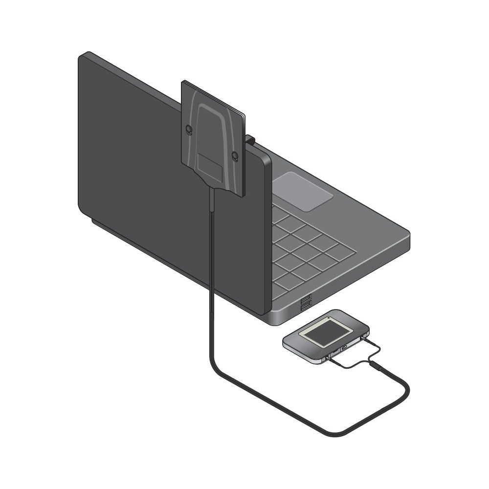 Ein Laptop ist mit einem externen Gerät verbunden, das über ein Kabel angeschlossen ist.