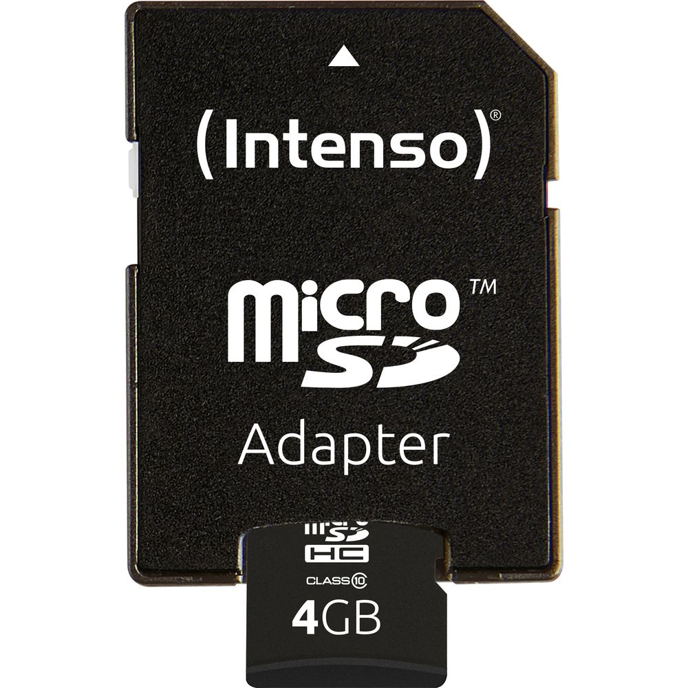 Ein schwarzer MicroSD-Adapter von Intenso mit 4 GB Speicherkapazität.