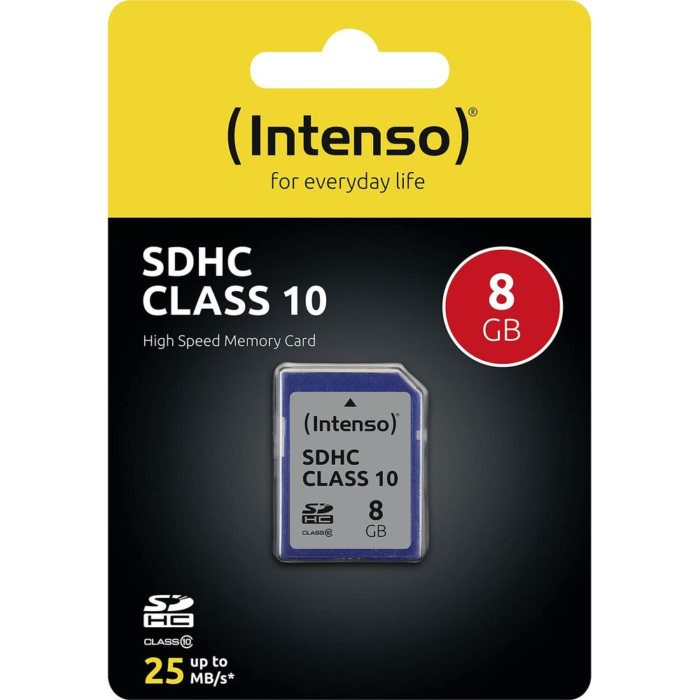 Carte mémoire Intenso 8Go SDHC Classe 10 sur fond jaune et noir.