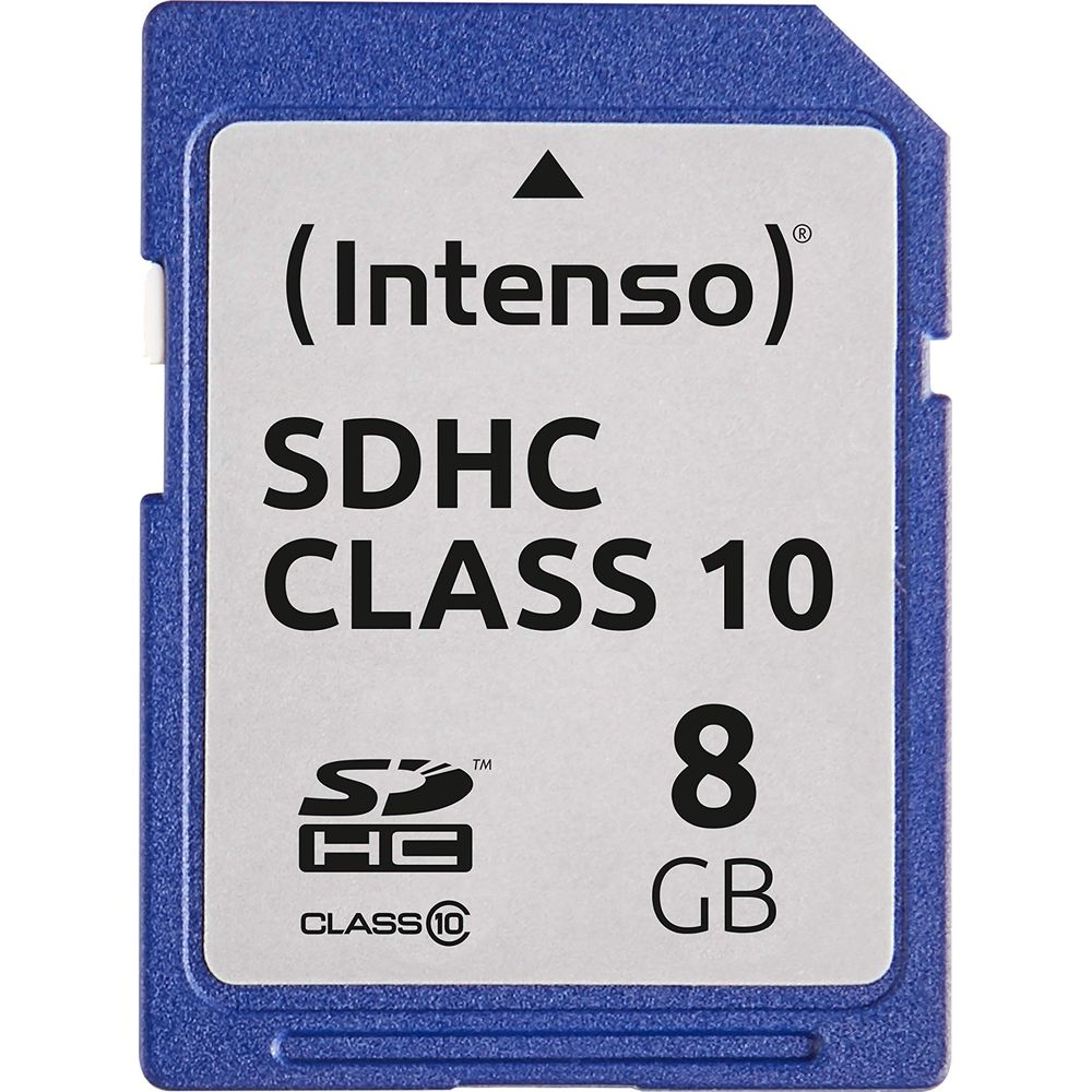 Une carte mémoire SDHC bleue de 8 Go, étiquetée 'Intenso'.