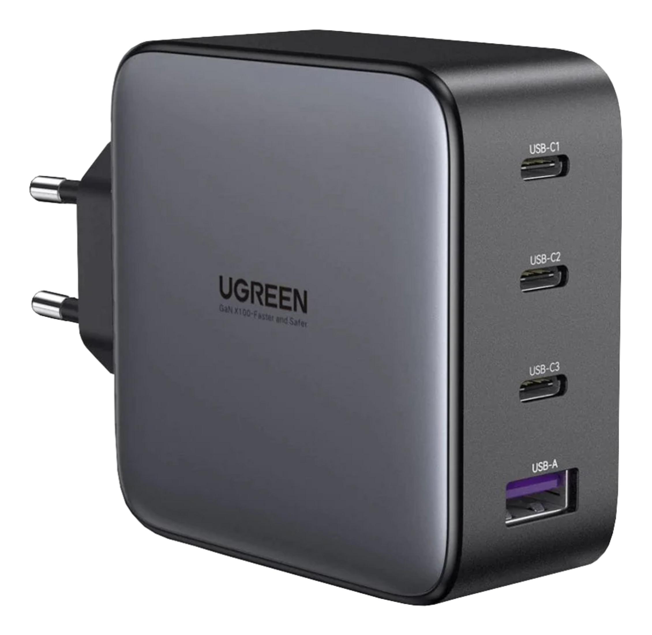 Schwarzes UGREEN GaN X100 Ladegerät mit 3 USB-C und 1 USB-A Anschluss.