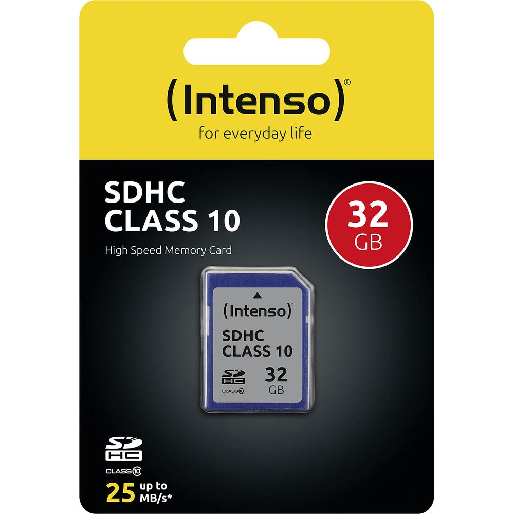 Carte mémoire Intenso 32Go SDHC Classe 10 sur fond noir.