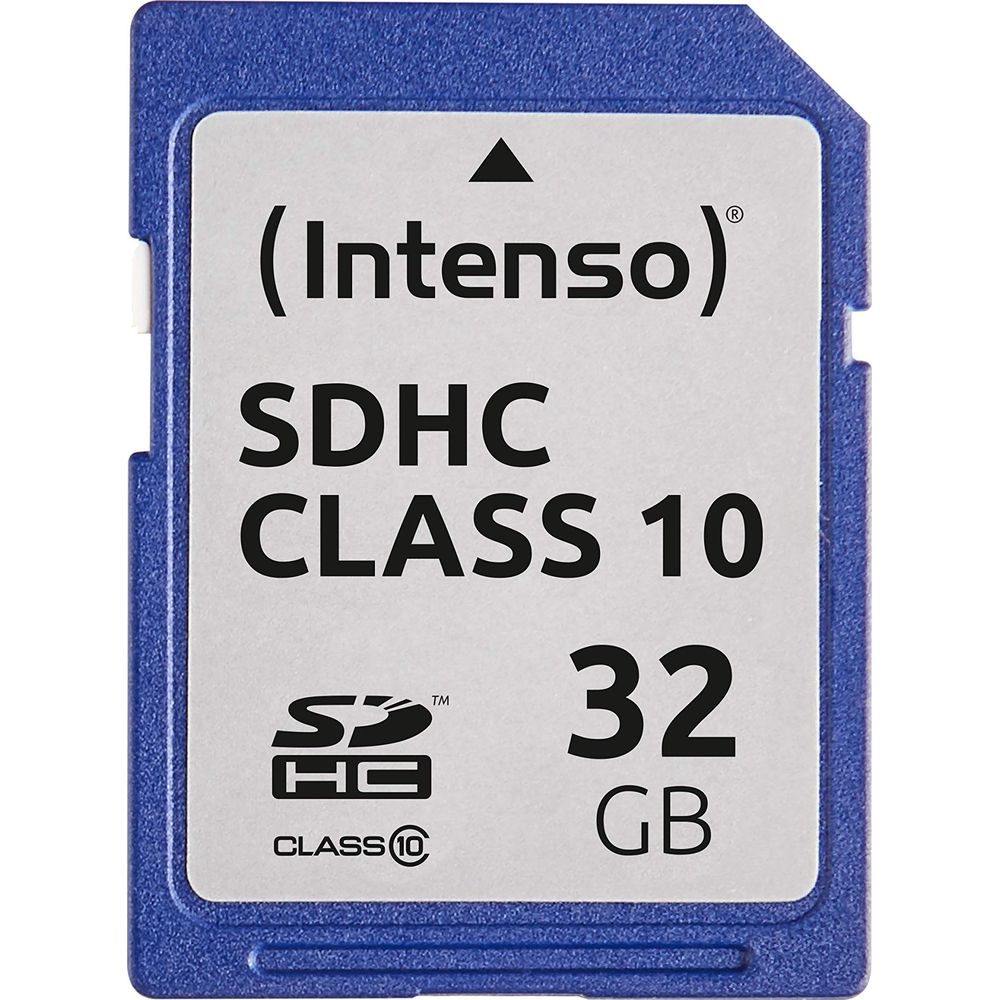 Une carte mémoire bleue Intenso SDHC Classe 10 de 32 Go.