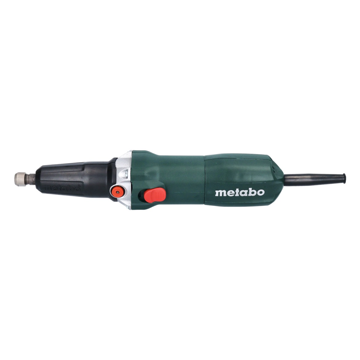 Meuleuse Metabo verte avec bouton rouge et mandrin argenté.