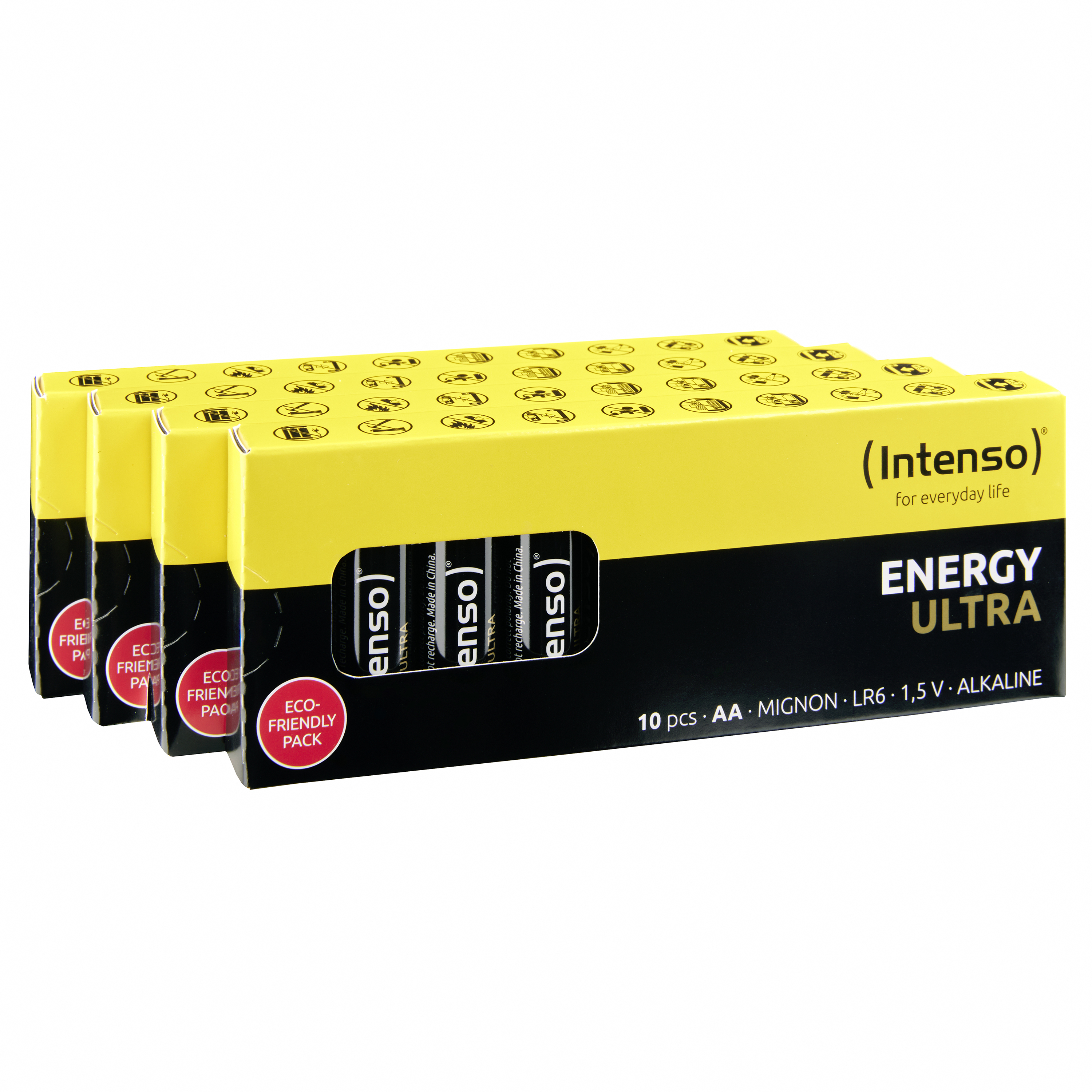 Tres paquetes de pilas AA Intenso Energy Ultra en horizontal, empaque amarillo.