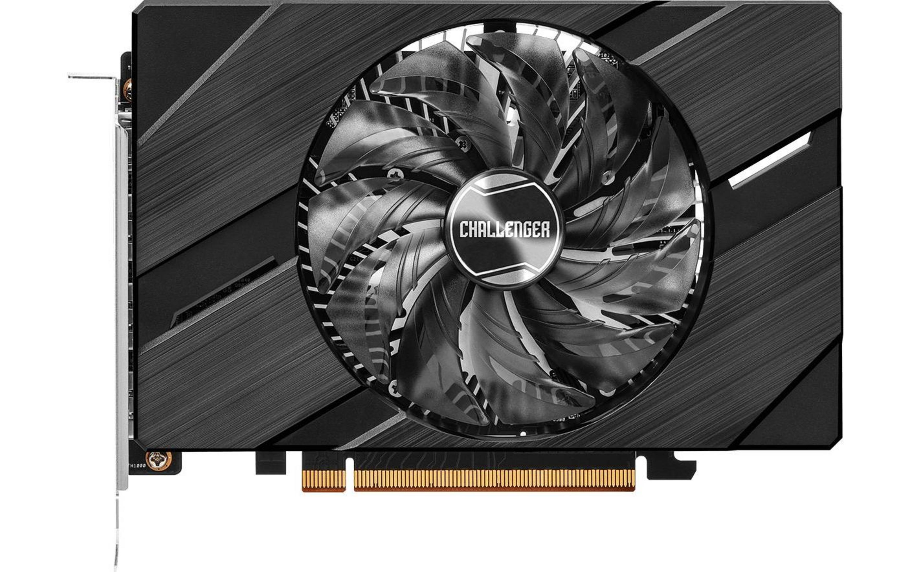 Czarna karta graficzna z jednym wentylatorem i srebrnymi akcentami. "CHALLENGER" jest wyśrodkowane na wentylatorze.