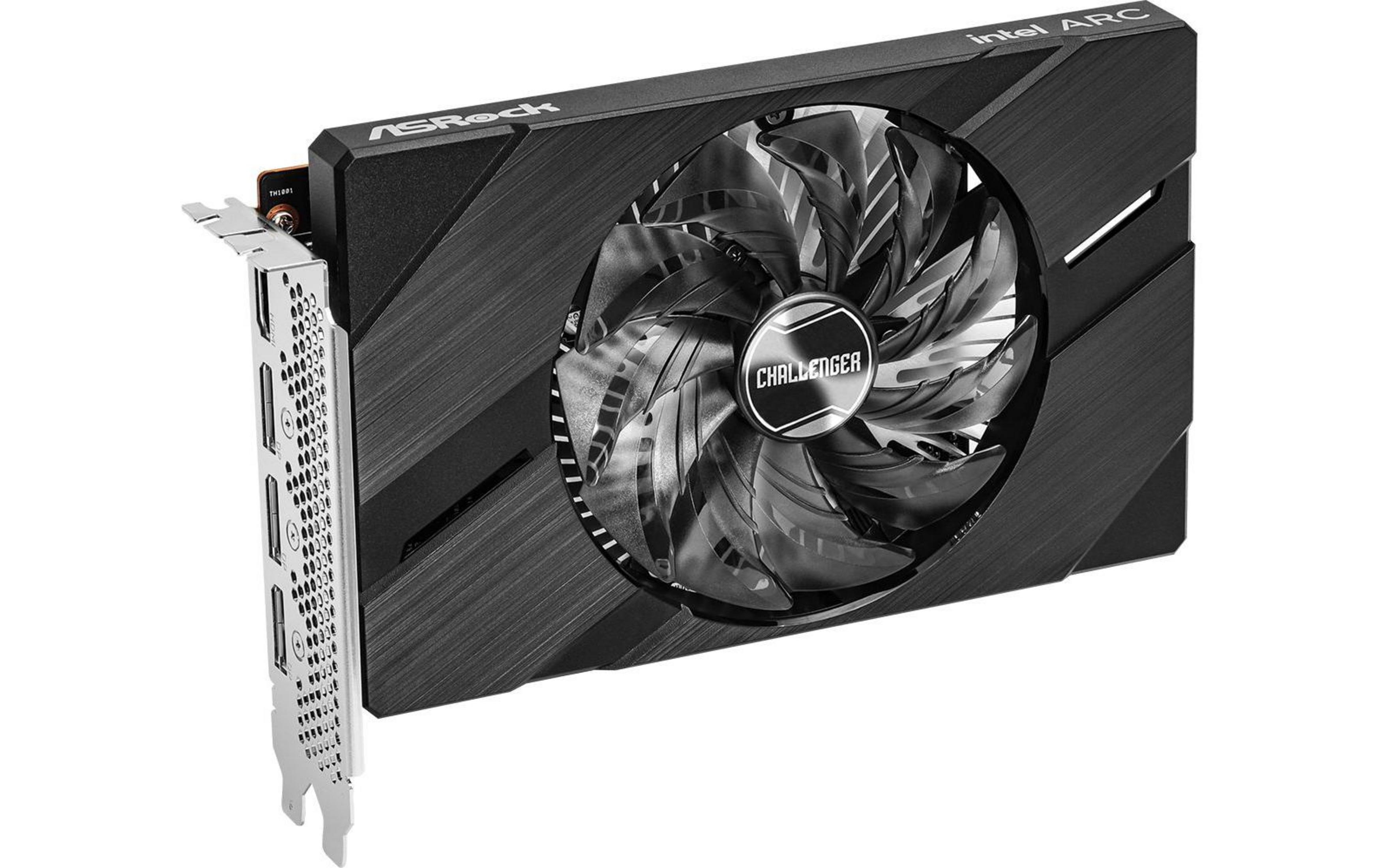 Karta graficzna z logo ASRock i Intel Arc, wentylatorem oraz srebrnymi złączami.