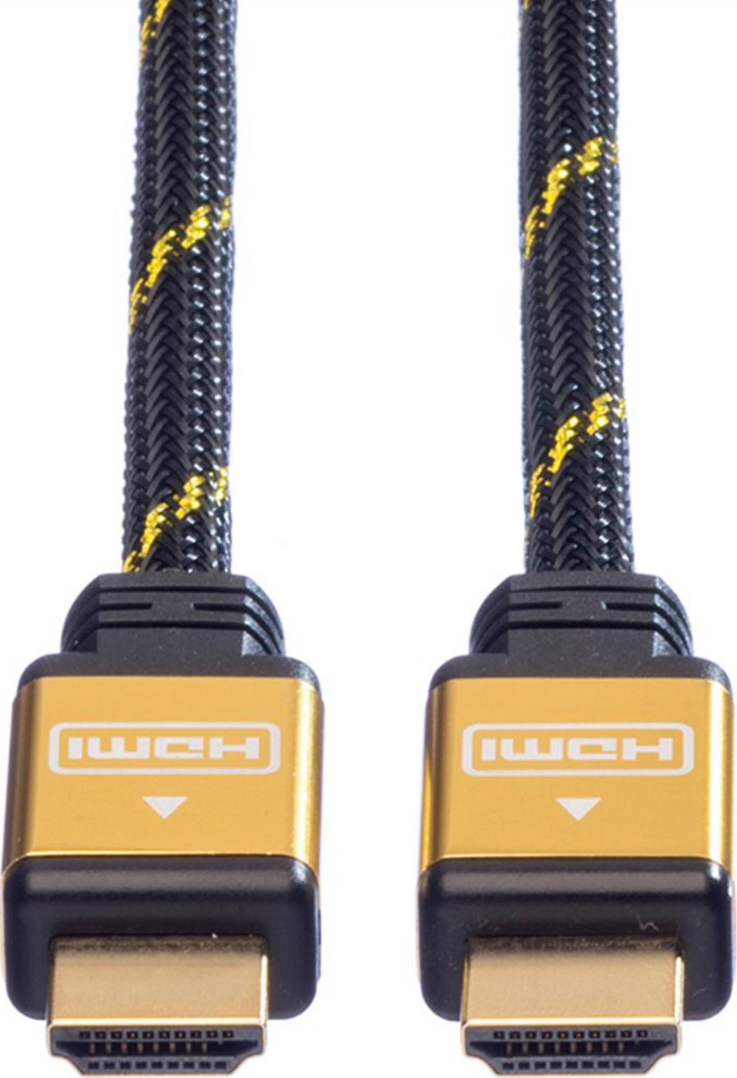 Deux câbles HDMI avec connecteurs dorés et manchons tressés noirs avec accents jaunes.