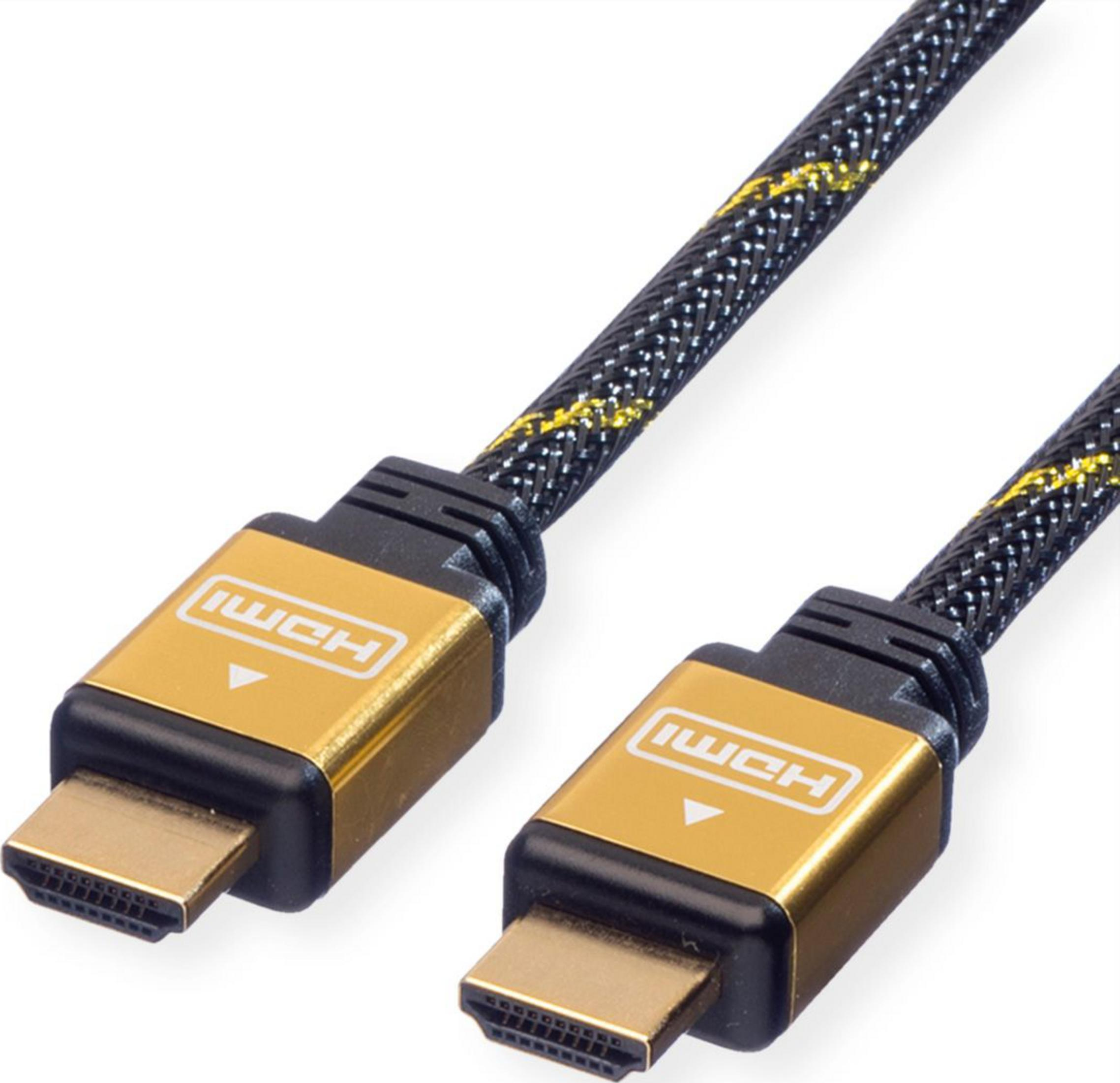 Gros plan de deux connecteurs de câble HDMI avec extrémités dorées et câble tressé noir.