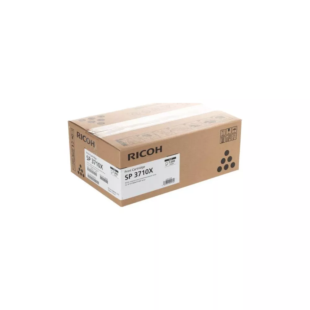 Tusz Ricoh SP 3710X w brązowym kartonowym pudełku.