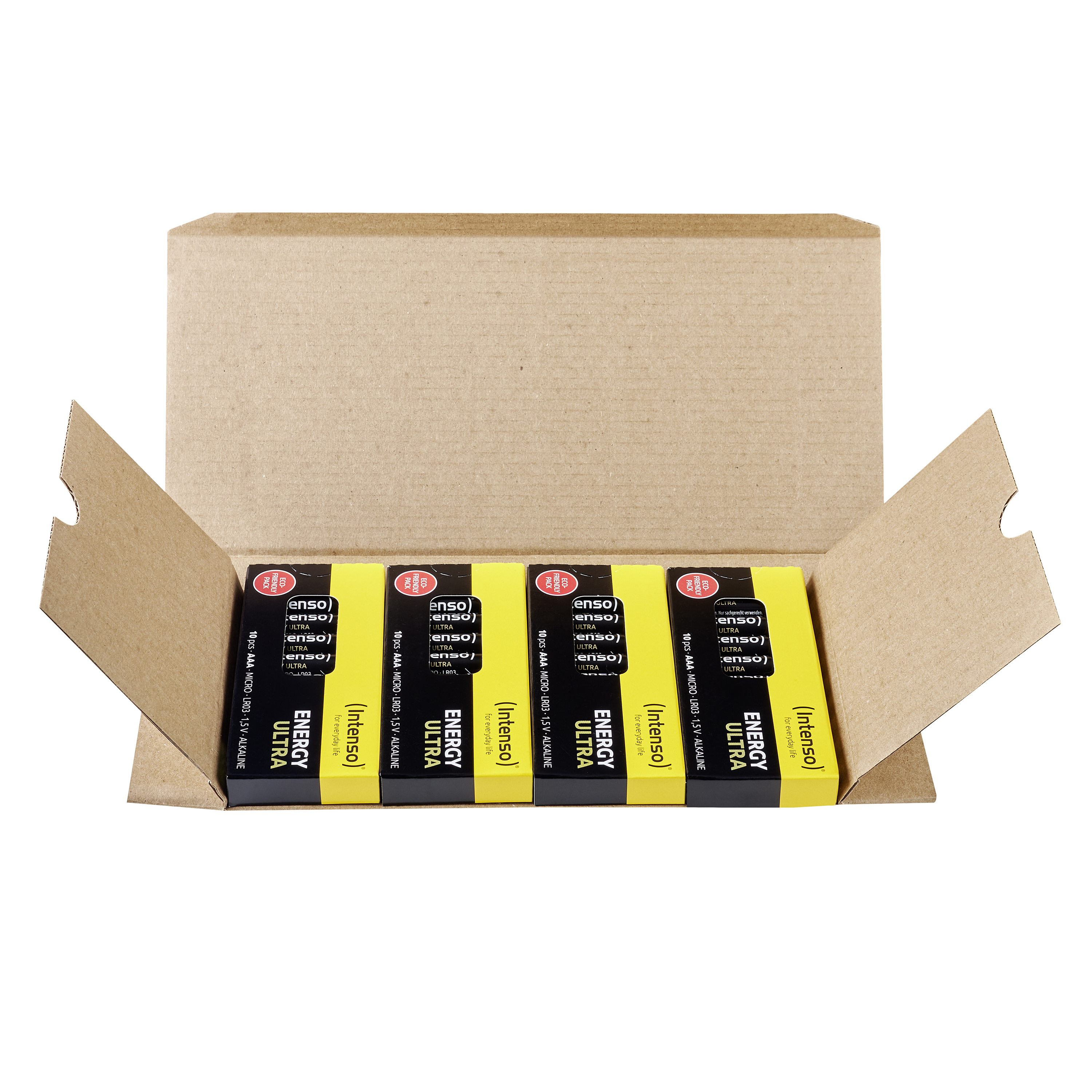 Caja de cartón abierta con cuatro paquetes de pilas AAA.