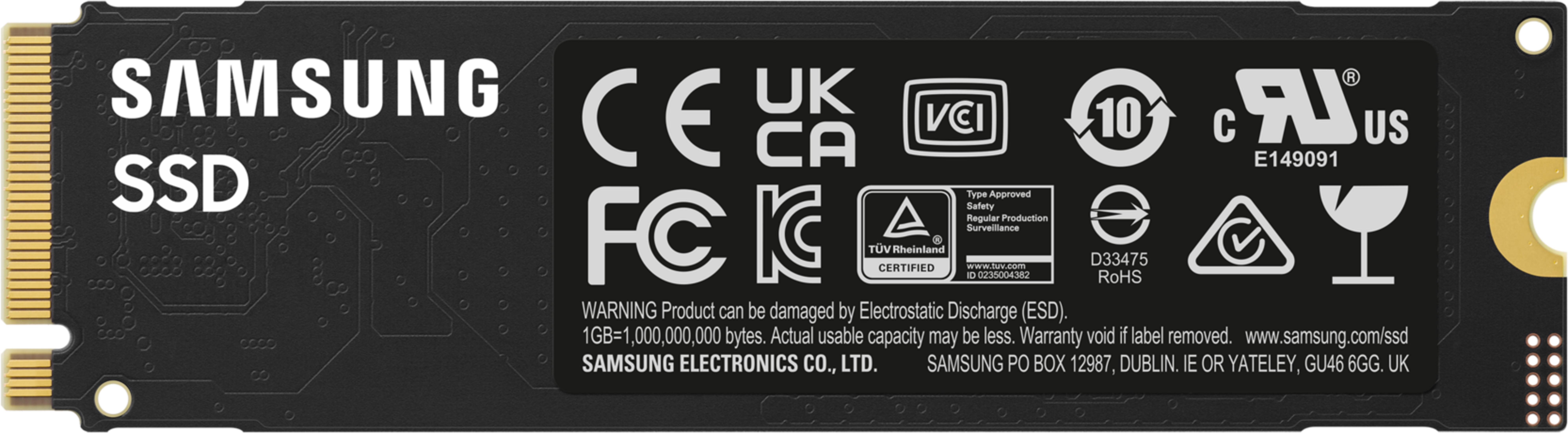 Schwarze SSD mit Samsung-Logo, CE, FC, TÜV-Siegel und RoHS-Zeichen.