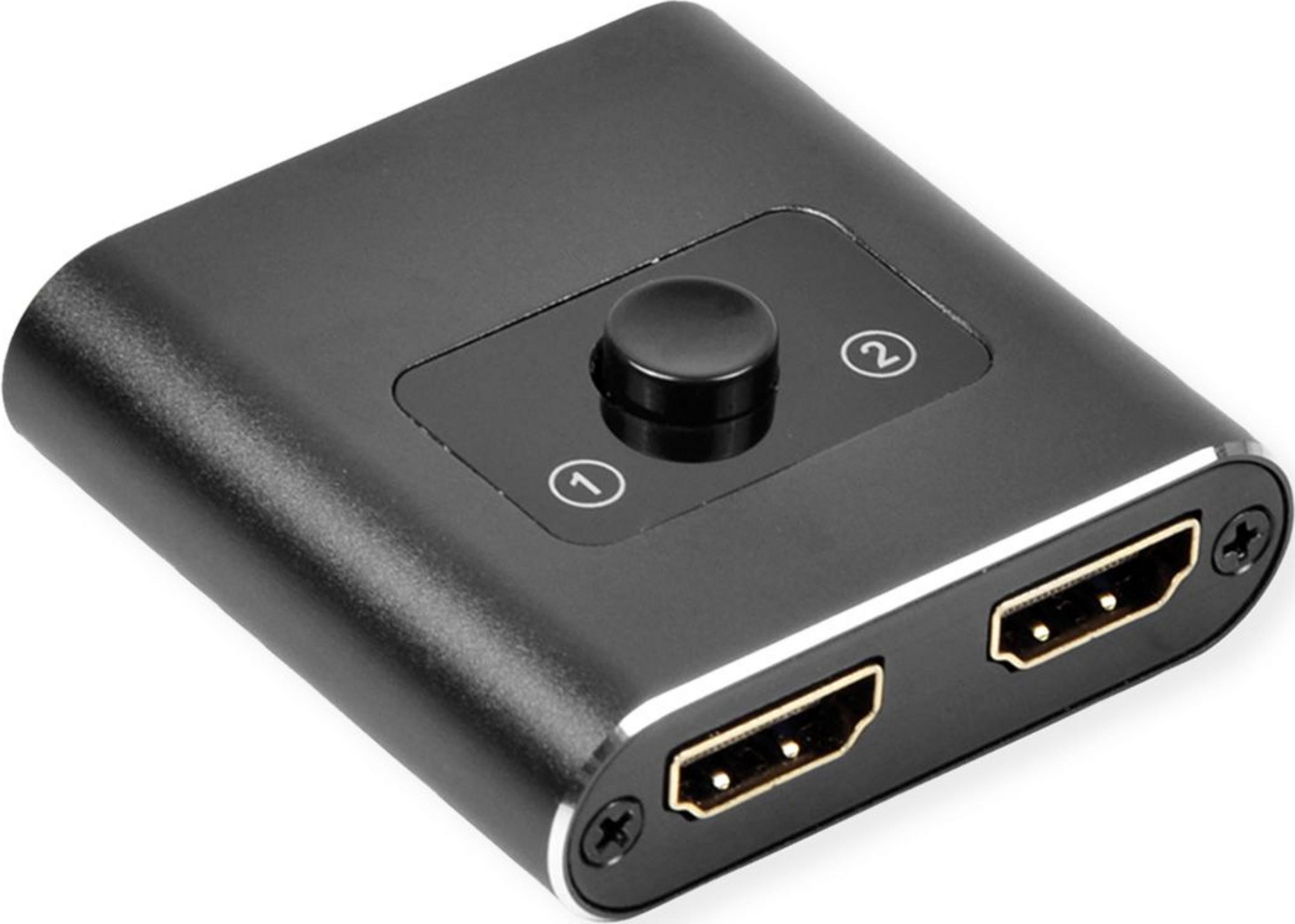 Commutateur HDMI noir avec bouton et ports marqués 1 et 2.