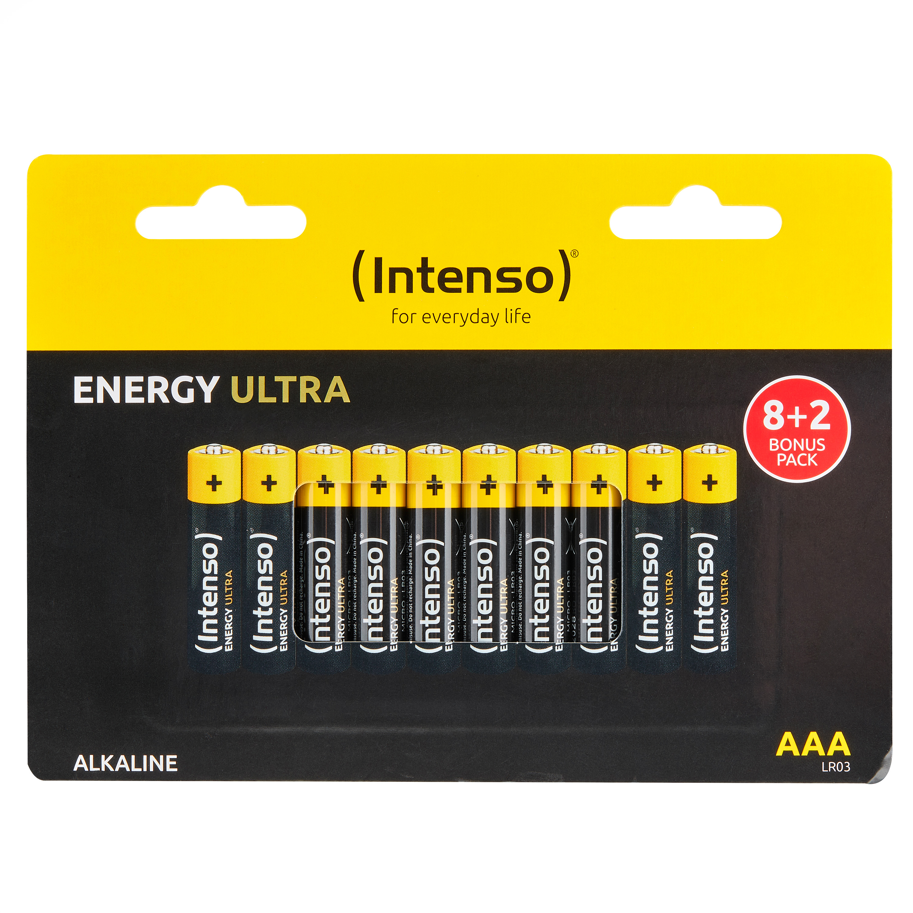 10 adet AAA pil paketi, Intenso Energy Ultra markası, siyah ve sarı.