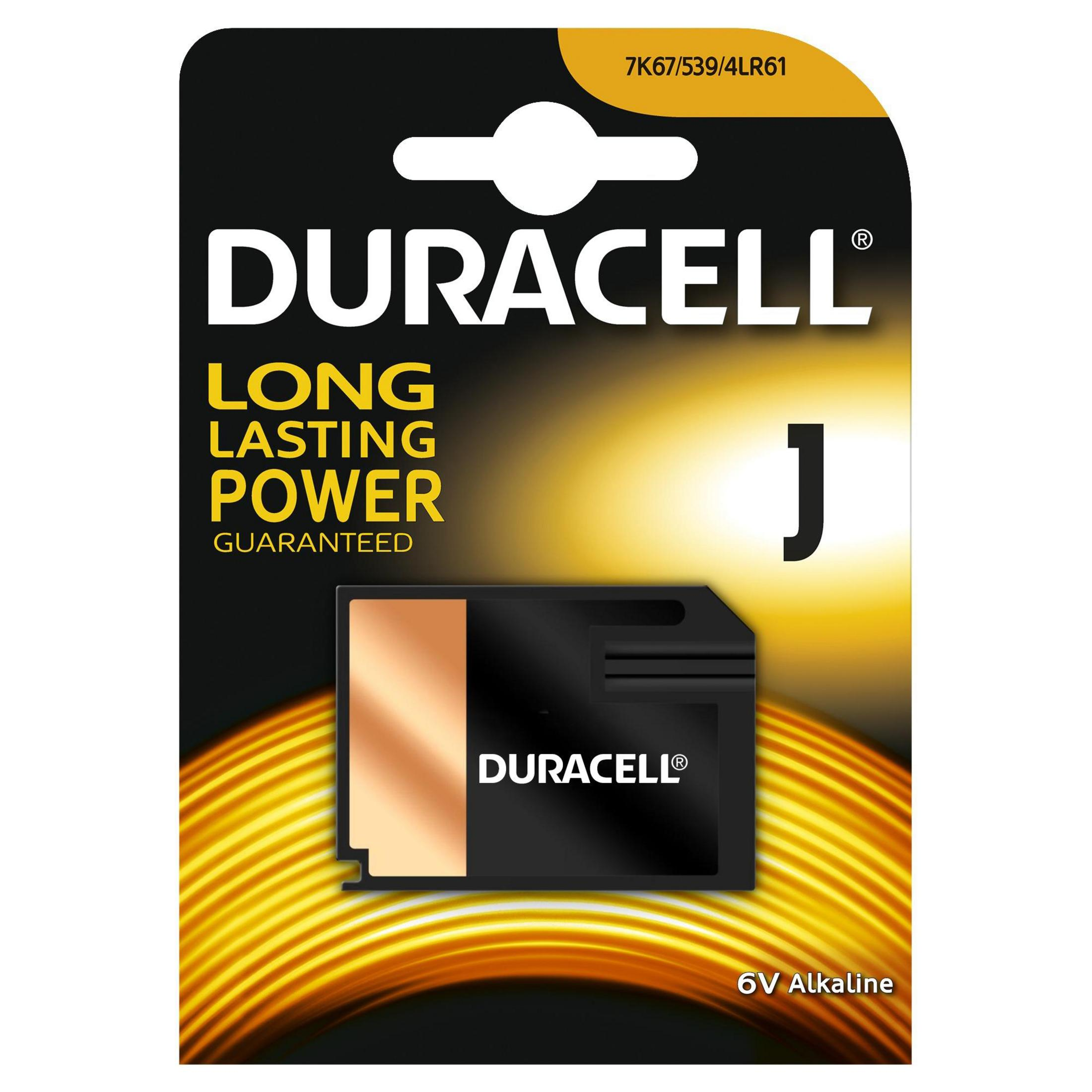 Duracell J-Batteriepackung mit "Long Lasting Power"-Aufdruck und gelbem Hintergrund.