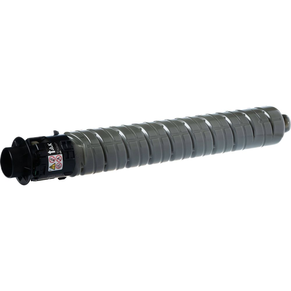 Szary cylinder z tonerem, czarny łącznik i symbole ostrzegawcze.