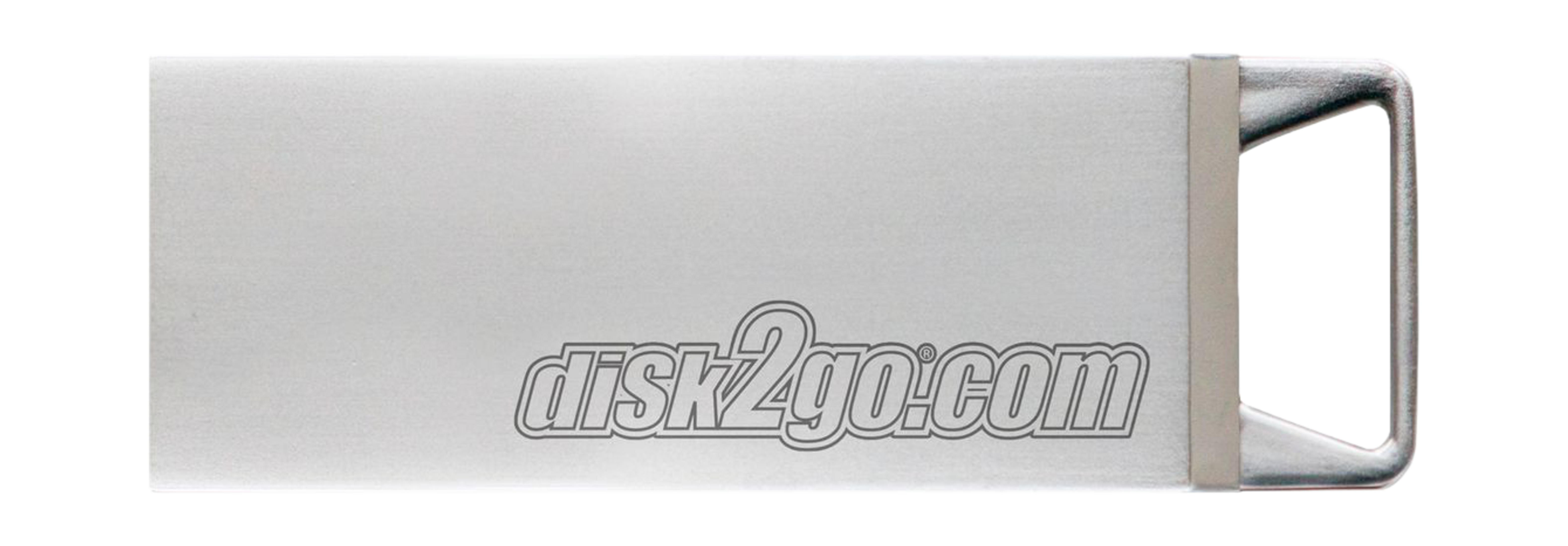 Clé USB argentée avec logo disk2go.com et un anneau pour l'attacher.