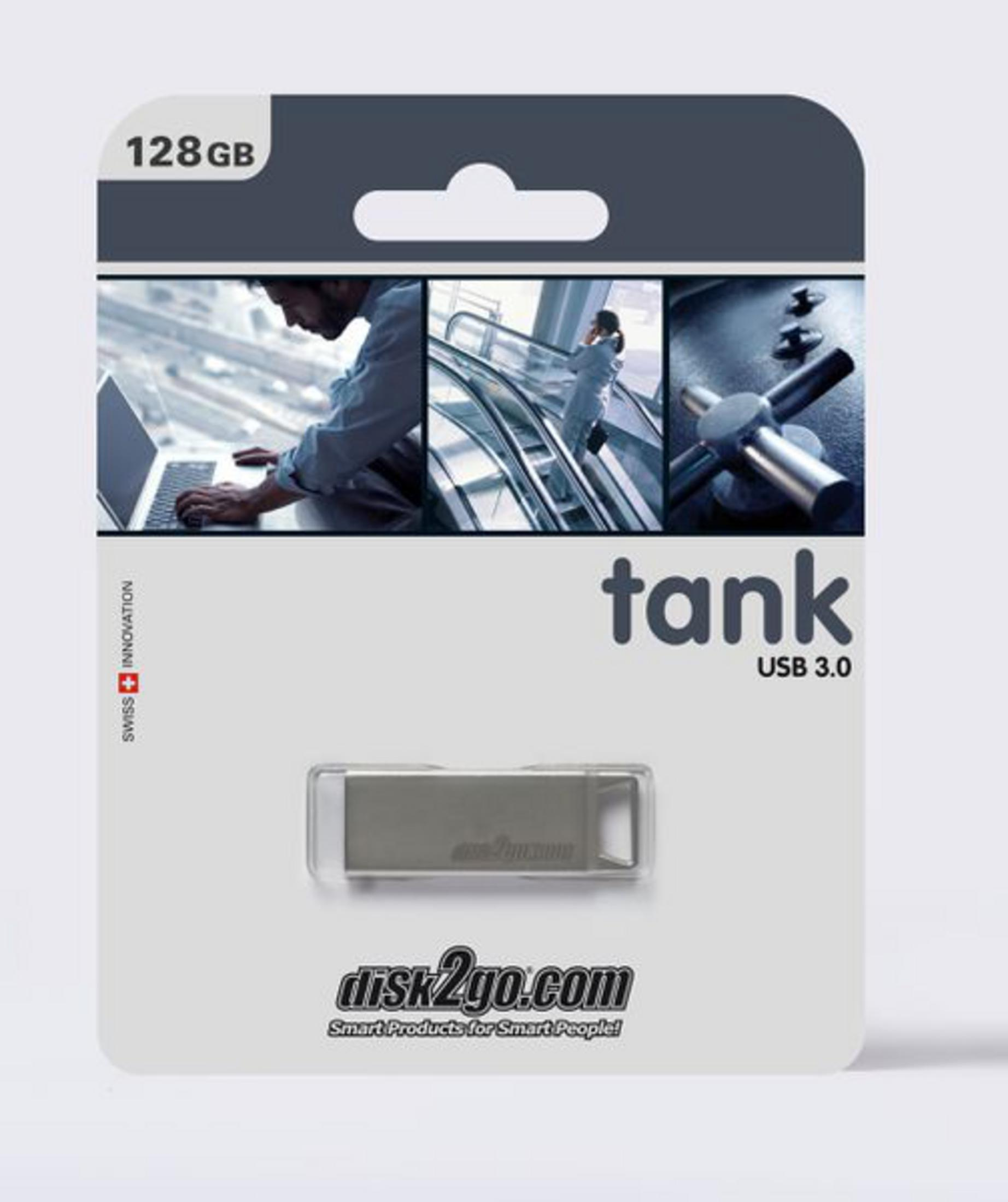 Emballage pour clé USB Tank 128 Go USB 3.0, avec trois images.