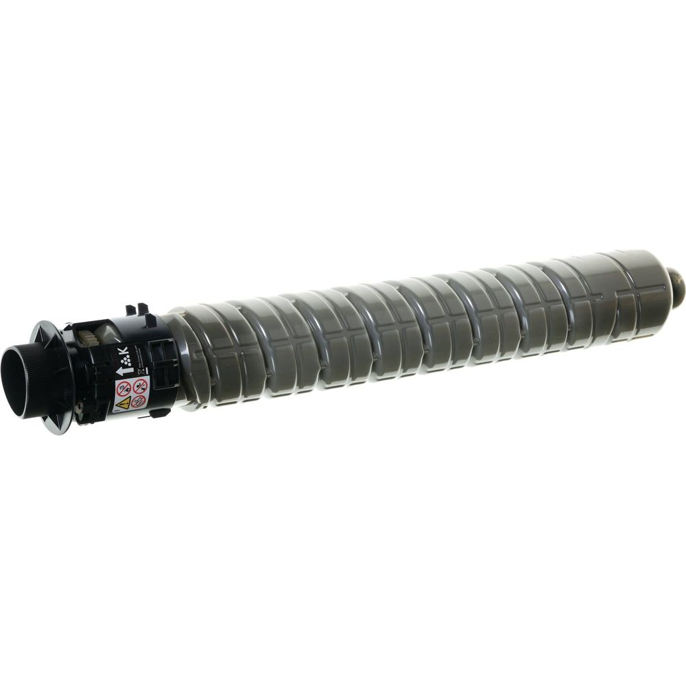 Szary cylinder z tonerem, czarny łącznik i symbole ostrzegawcze.