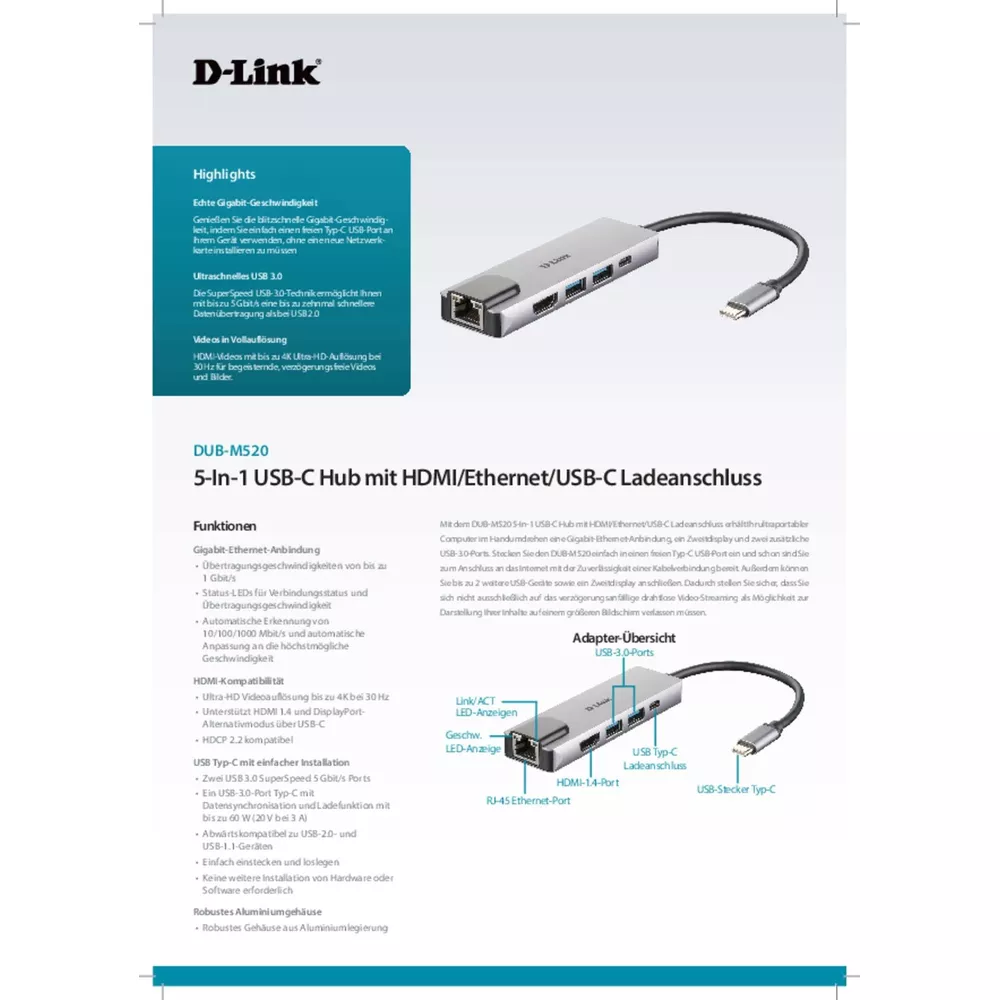 Hub USB-C D-Link con HDMI, Ethernet e porta di ricarica USB-C.