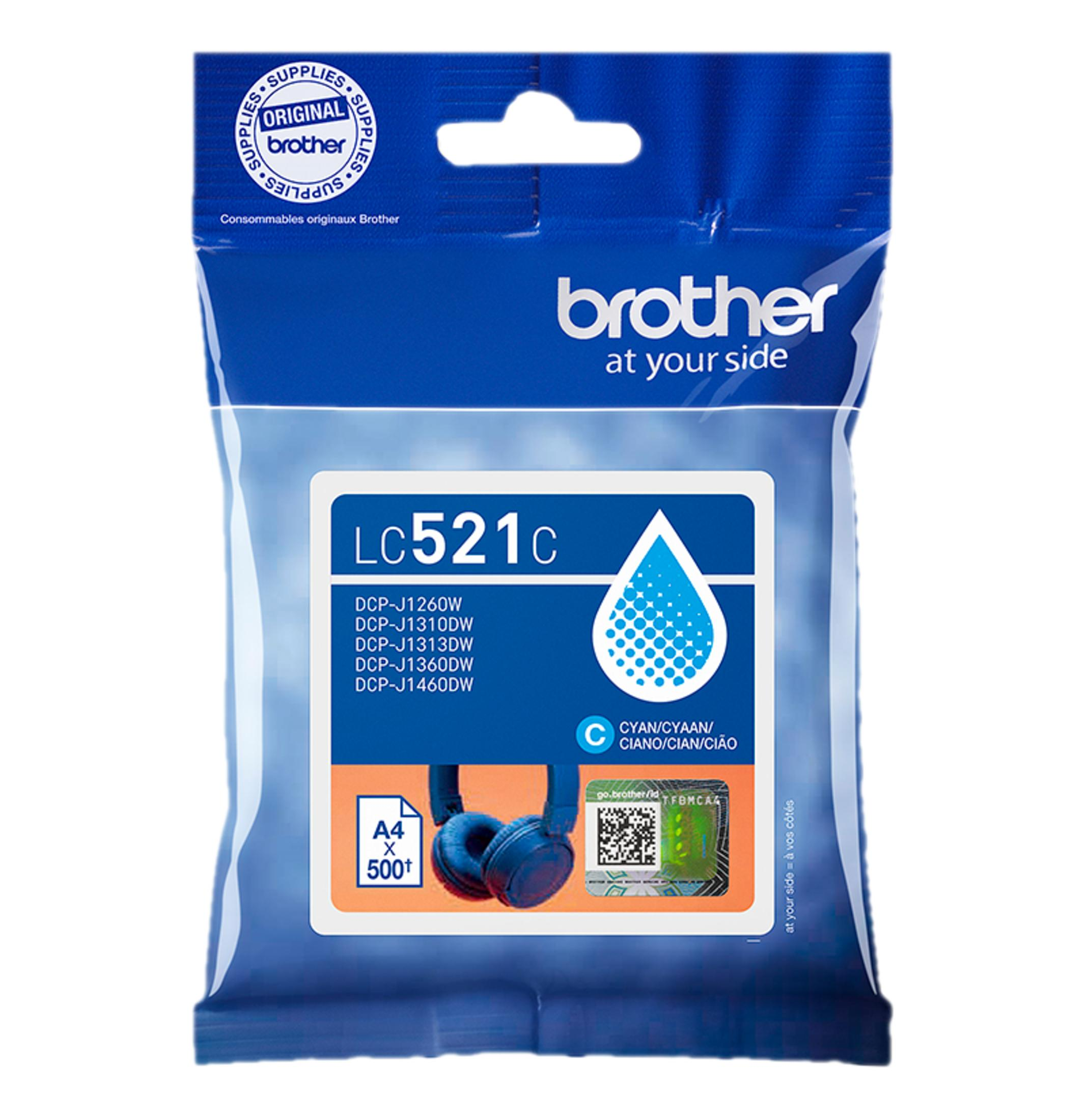 Tusz Brother LC521c Cyan ze słuchawkami i symbolem A4.